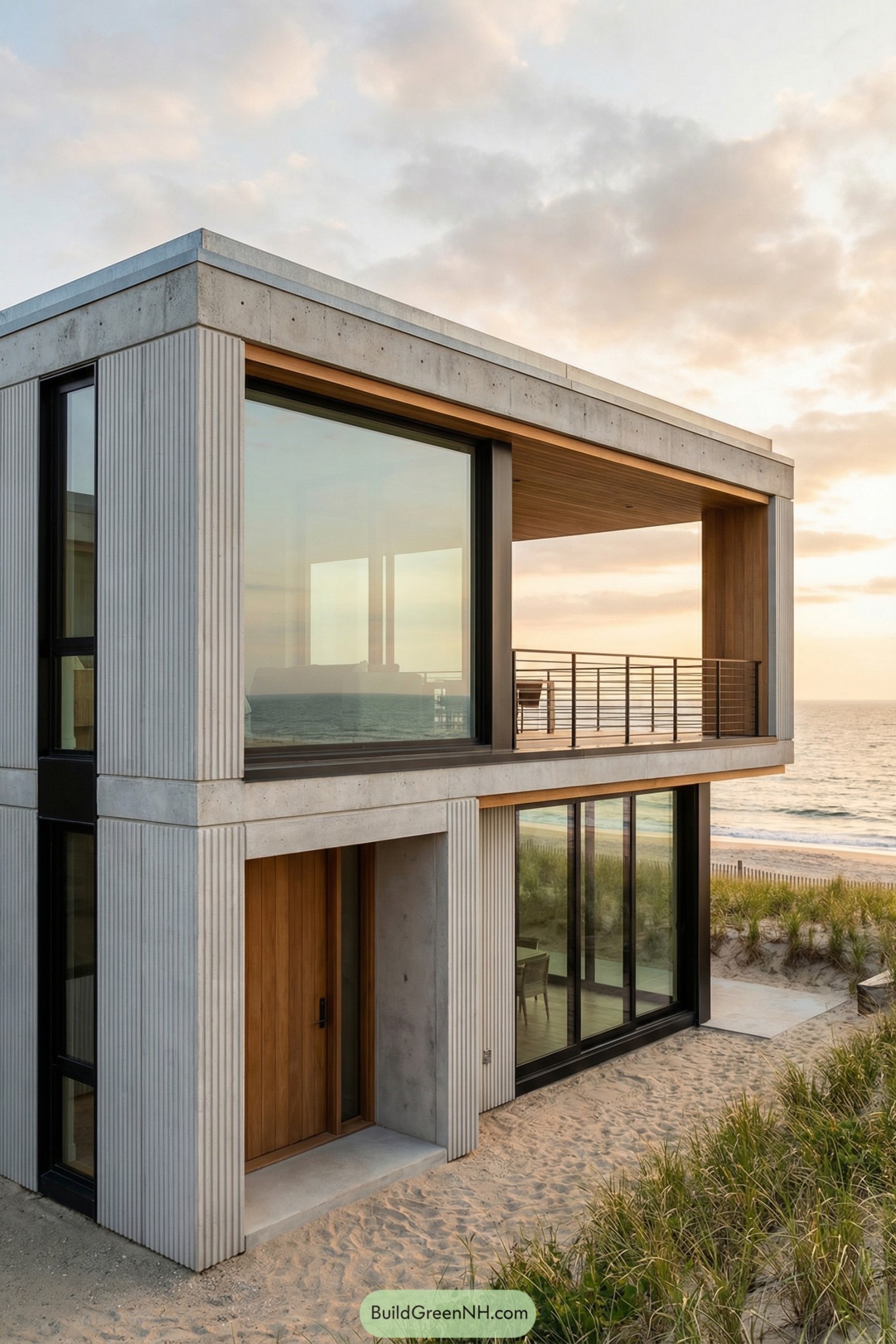 Two story concrete and glass beach house overlooking the ocean at sunset