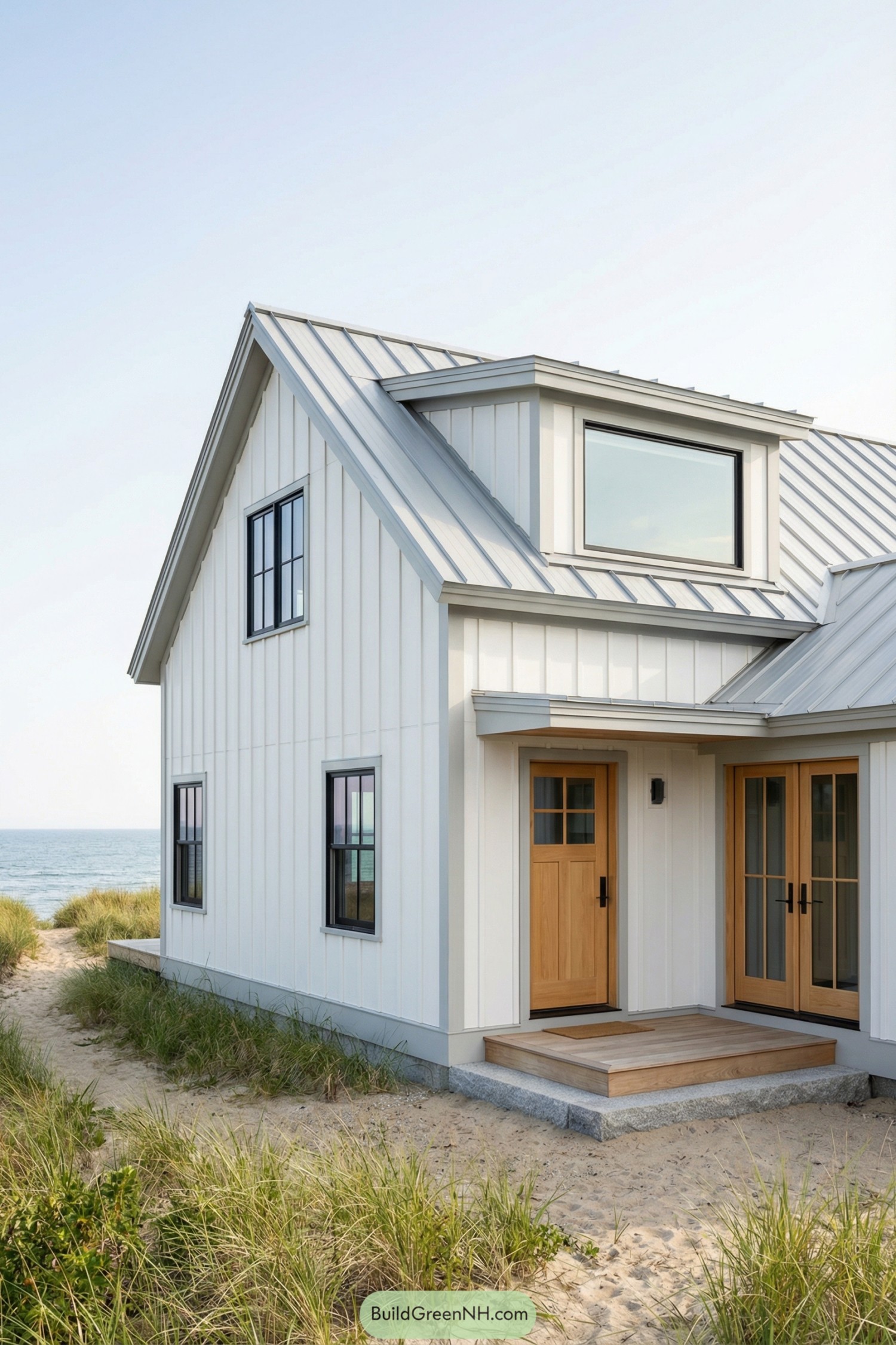 Modern white gabled beach cottage with wood doors beside the ocean