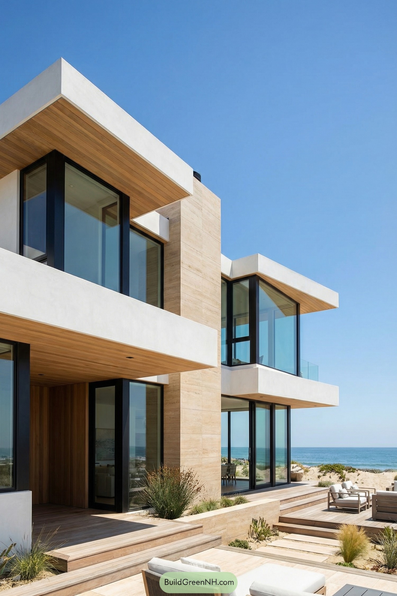 Modern beachfront villa with stacked glass volumes