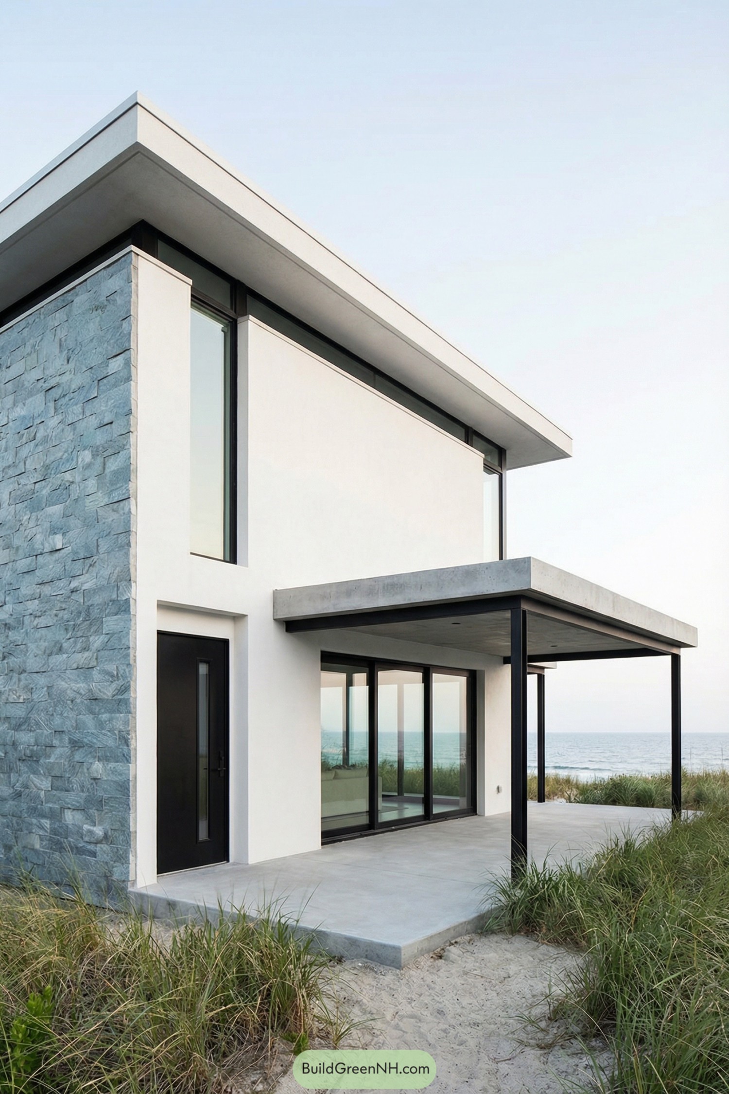 Modern flat roof beach cottage with stone accent wall large windows and covered patio facing the ocean