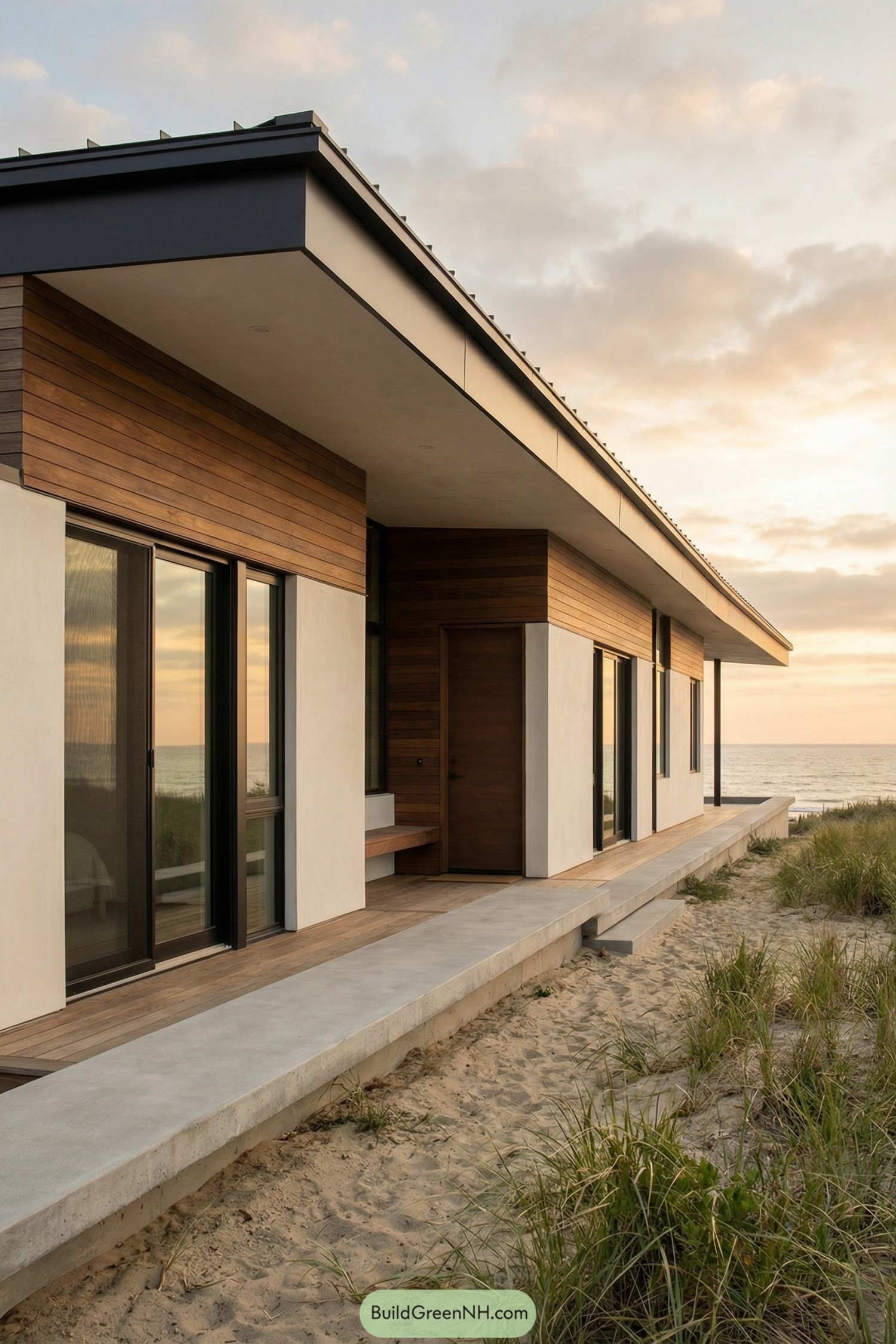 Modern single story beach house with wood cladding large glass doors and a slim overhanging roof facing the ocean at sunset