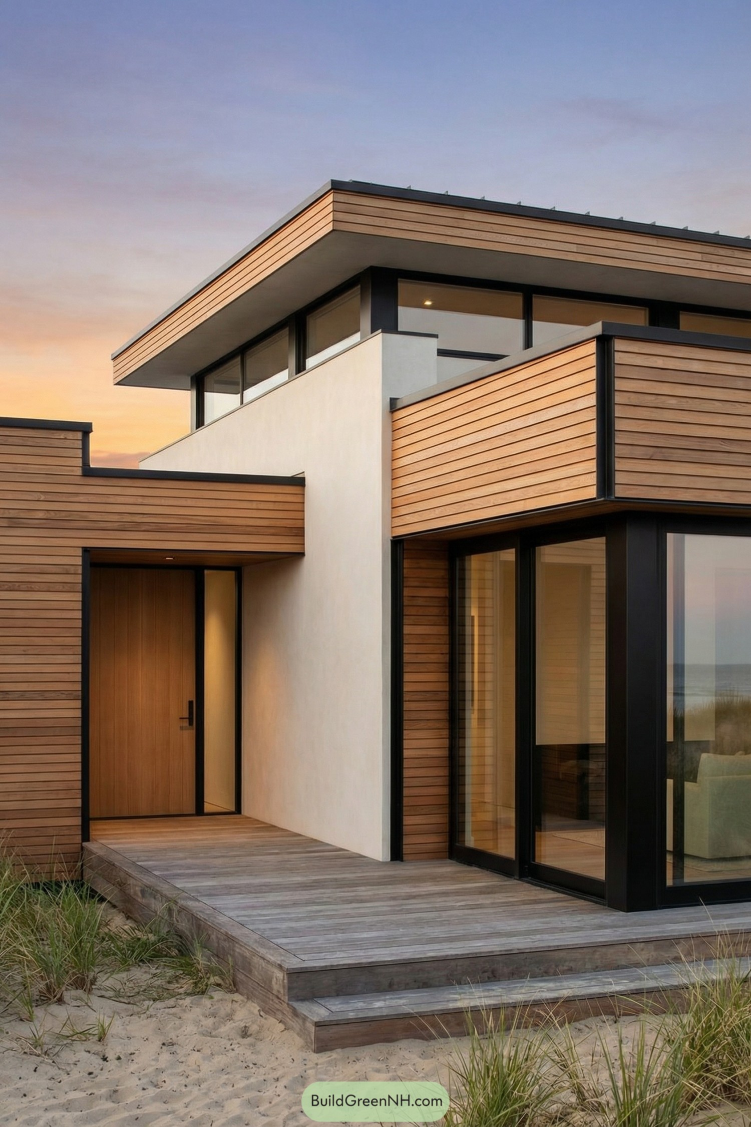 Modern beach cottage with warm wood cladding large windows and flat roof lines at sunset