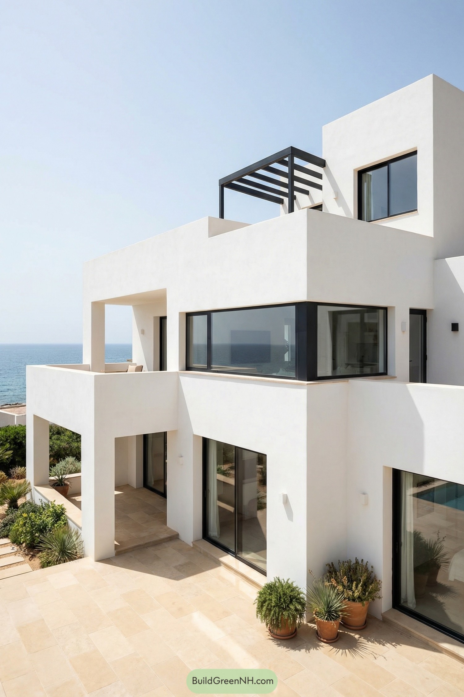 Modern white beachfront villa with stacked boxy volumes and wide glass openings