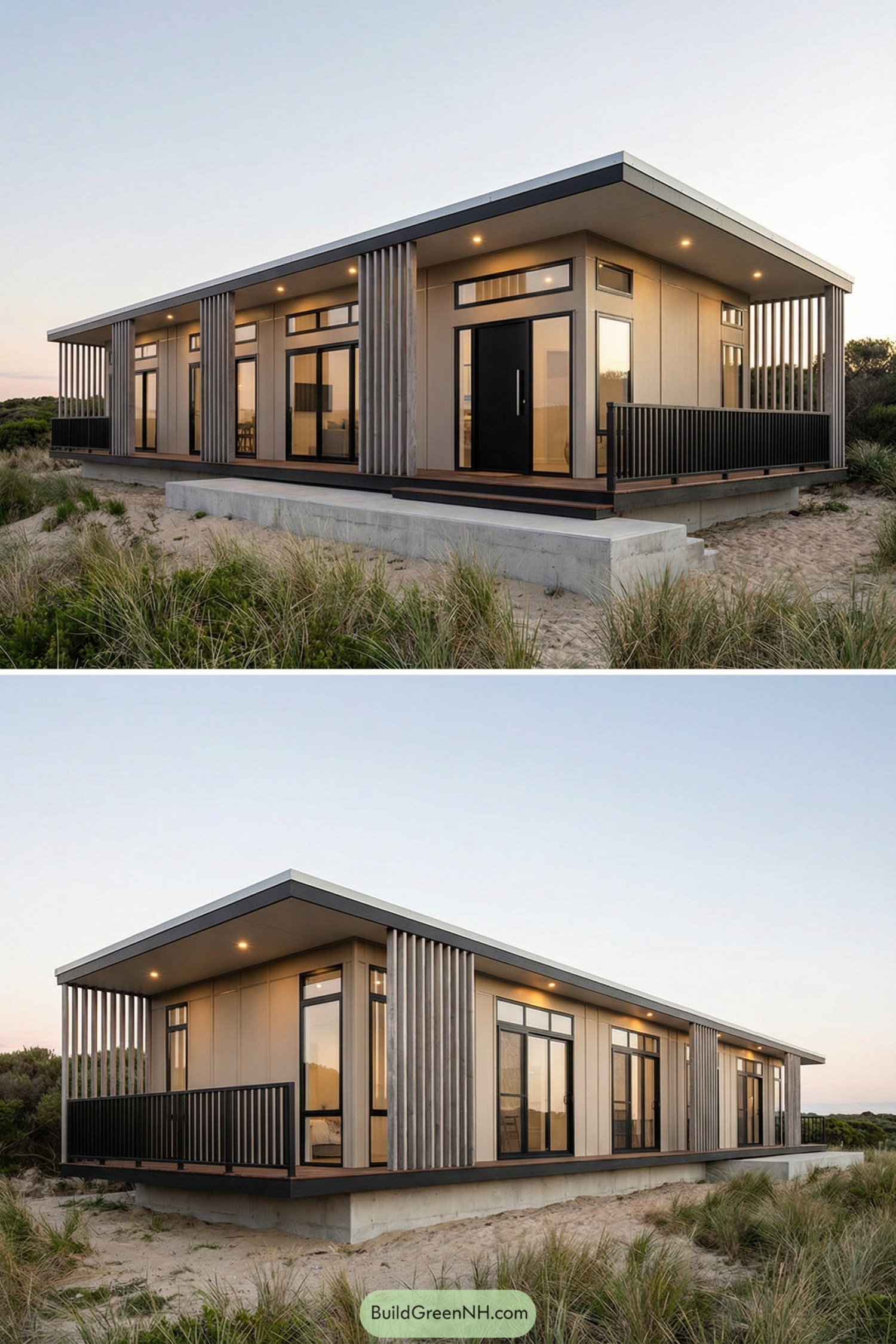 Modern modular beach cottage with long glass façade and vertical slat accents on sandy dunes