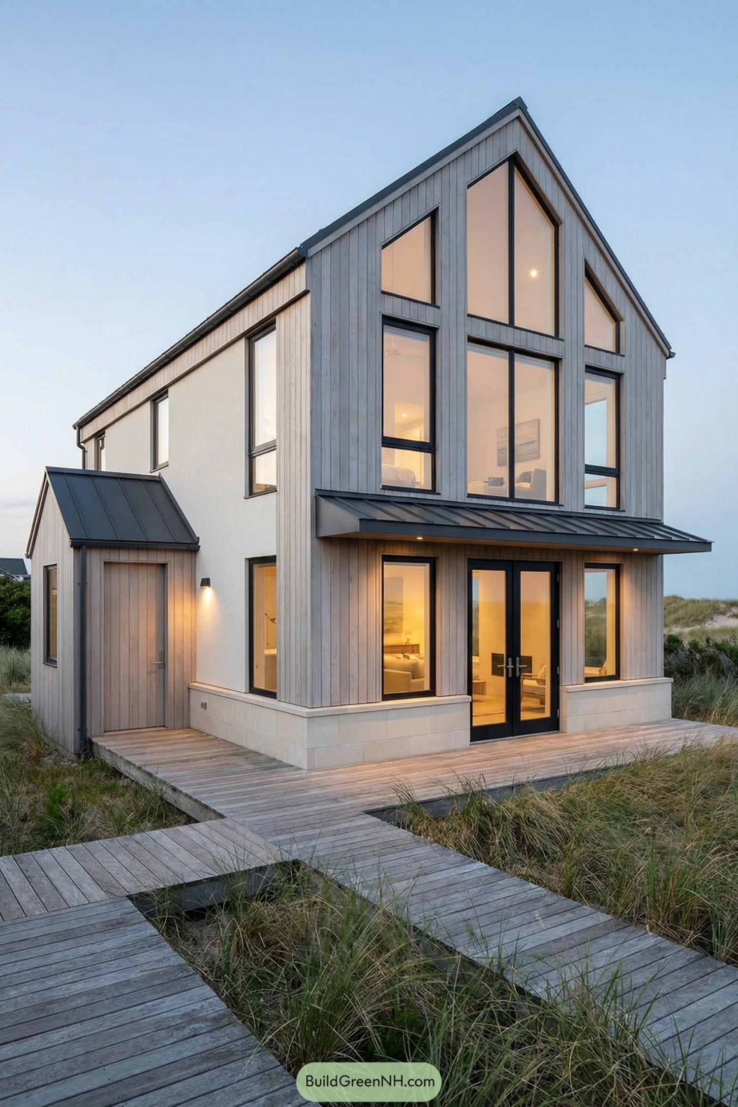 Two story modern beach cottage with tall windows