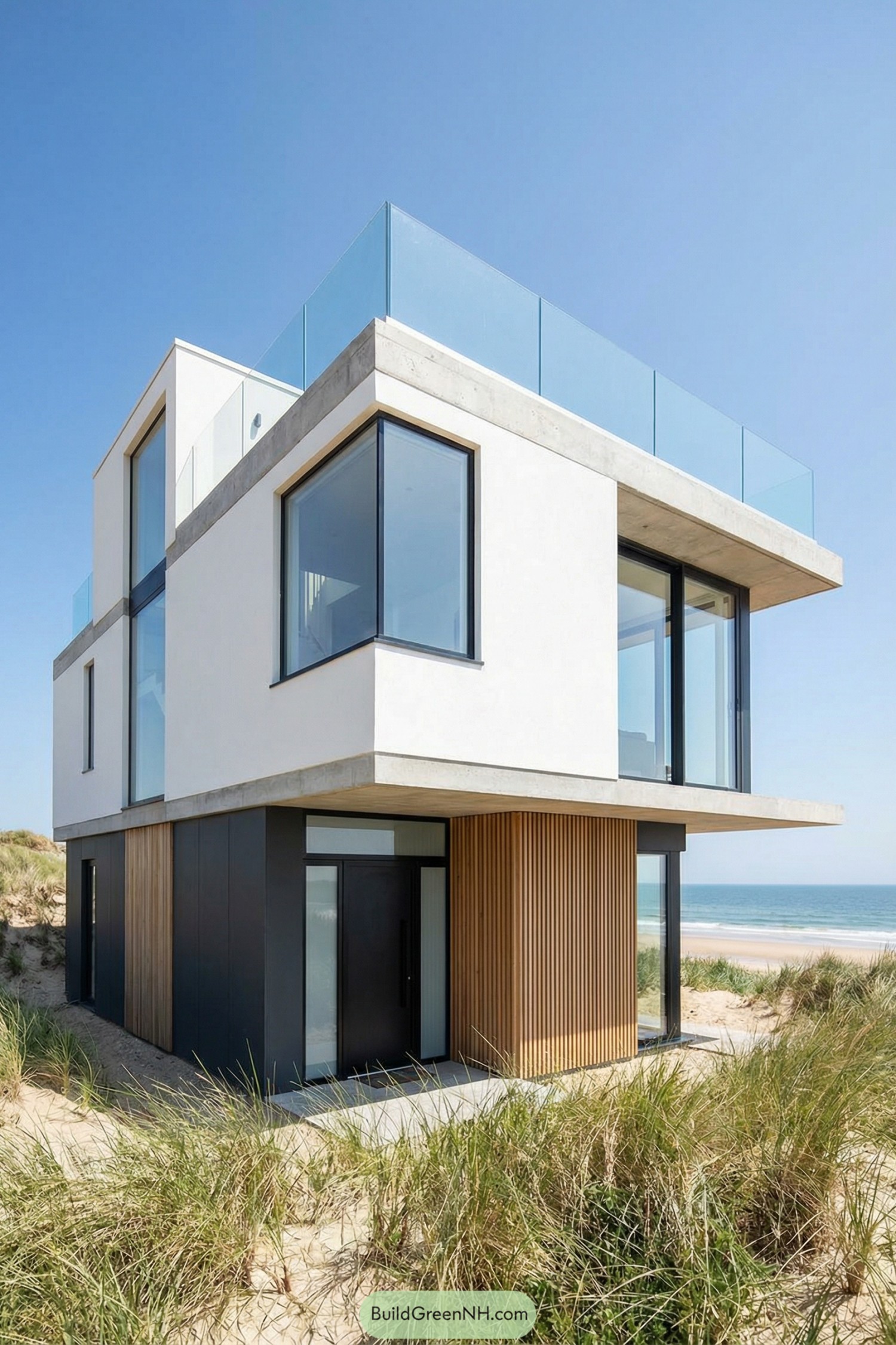 Minimalist three story beach house with large glass windows and rooftop terrace overlooking the ocean