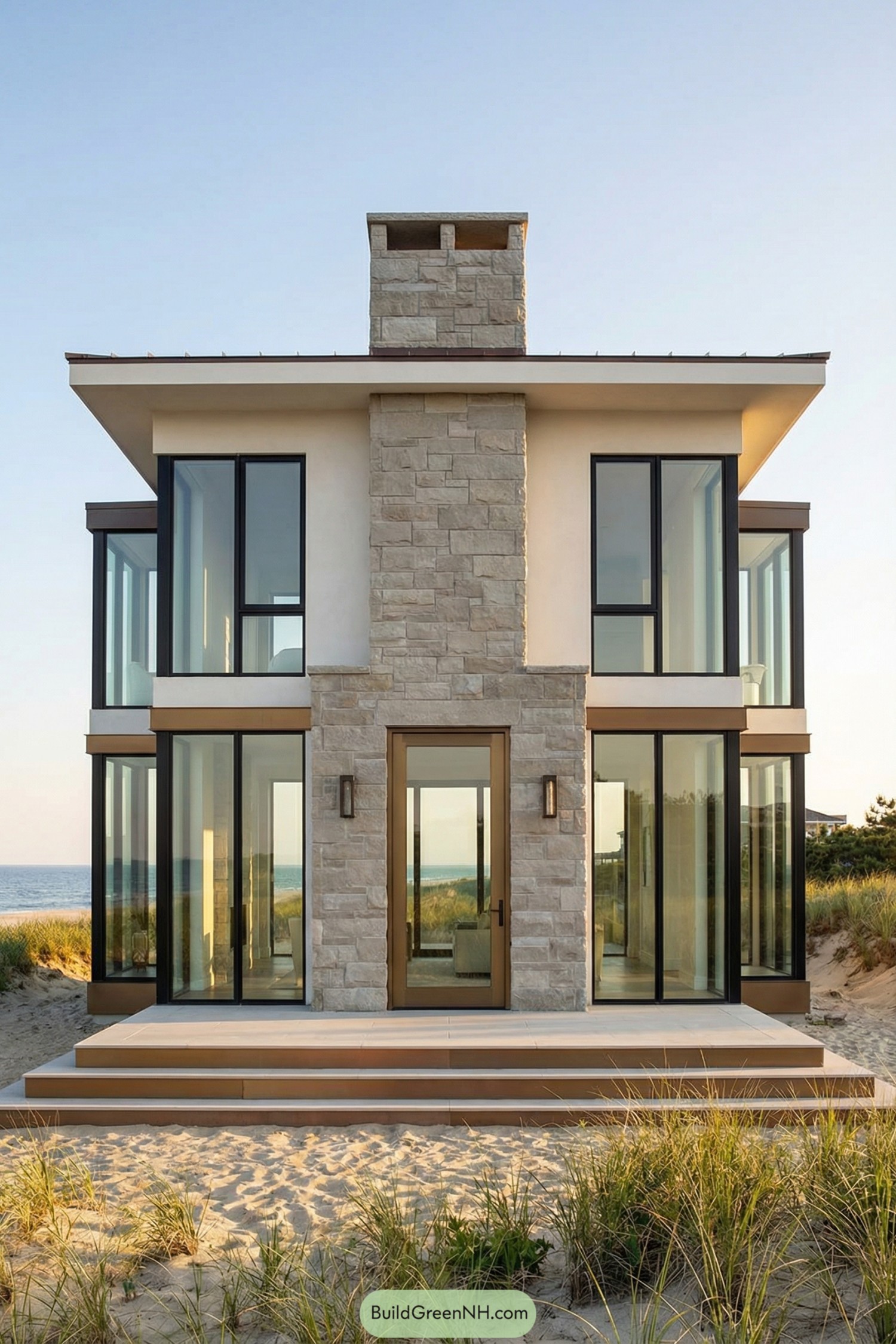 Modern beachfront cottage with central stone chimney and floor to ceiling glass walls