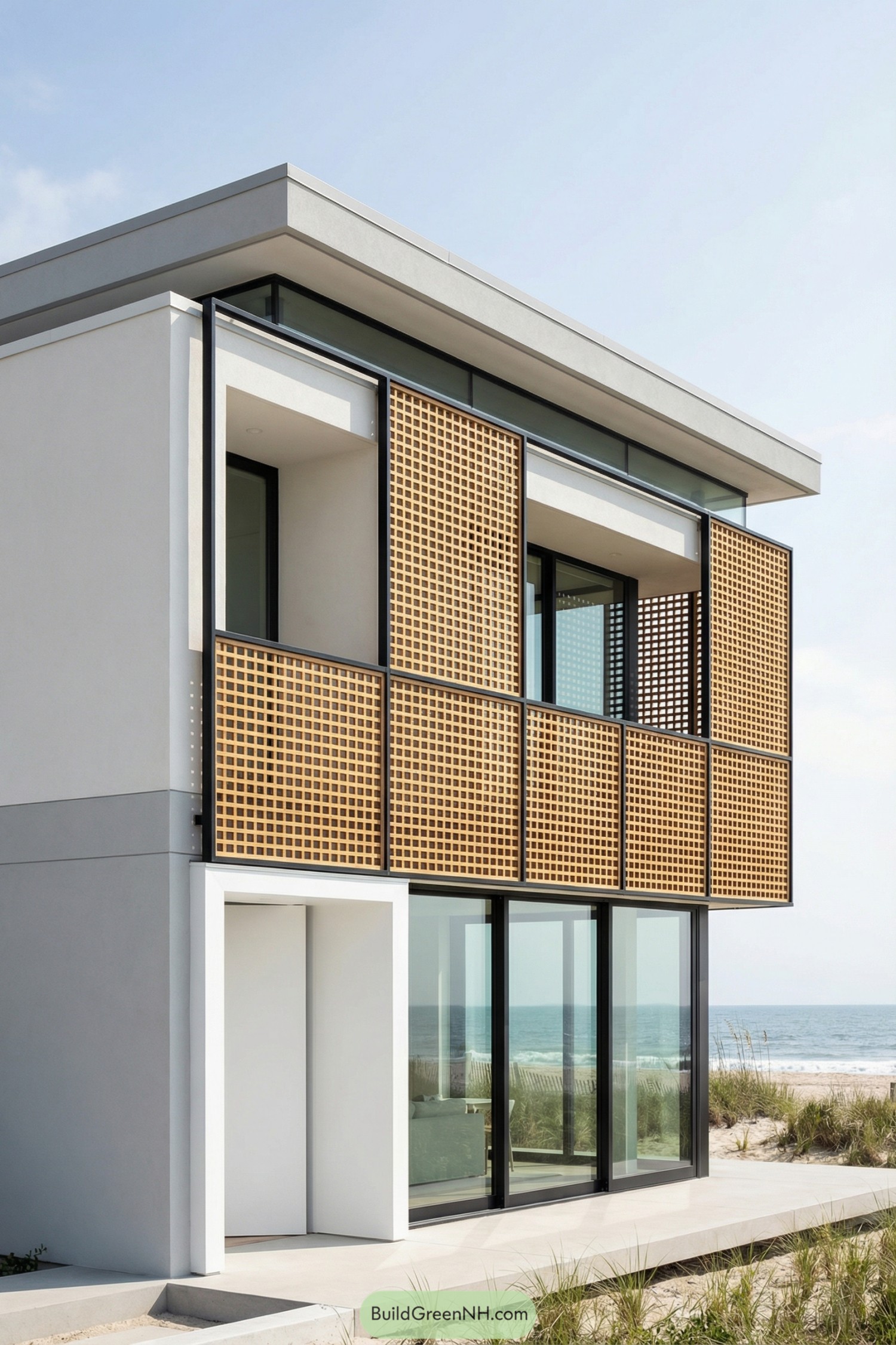 Modern white beachfront cottage with large glass walls and sliding wooden lattice screens on the upper level