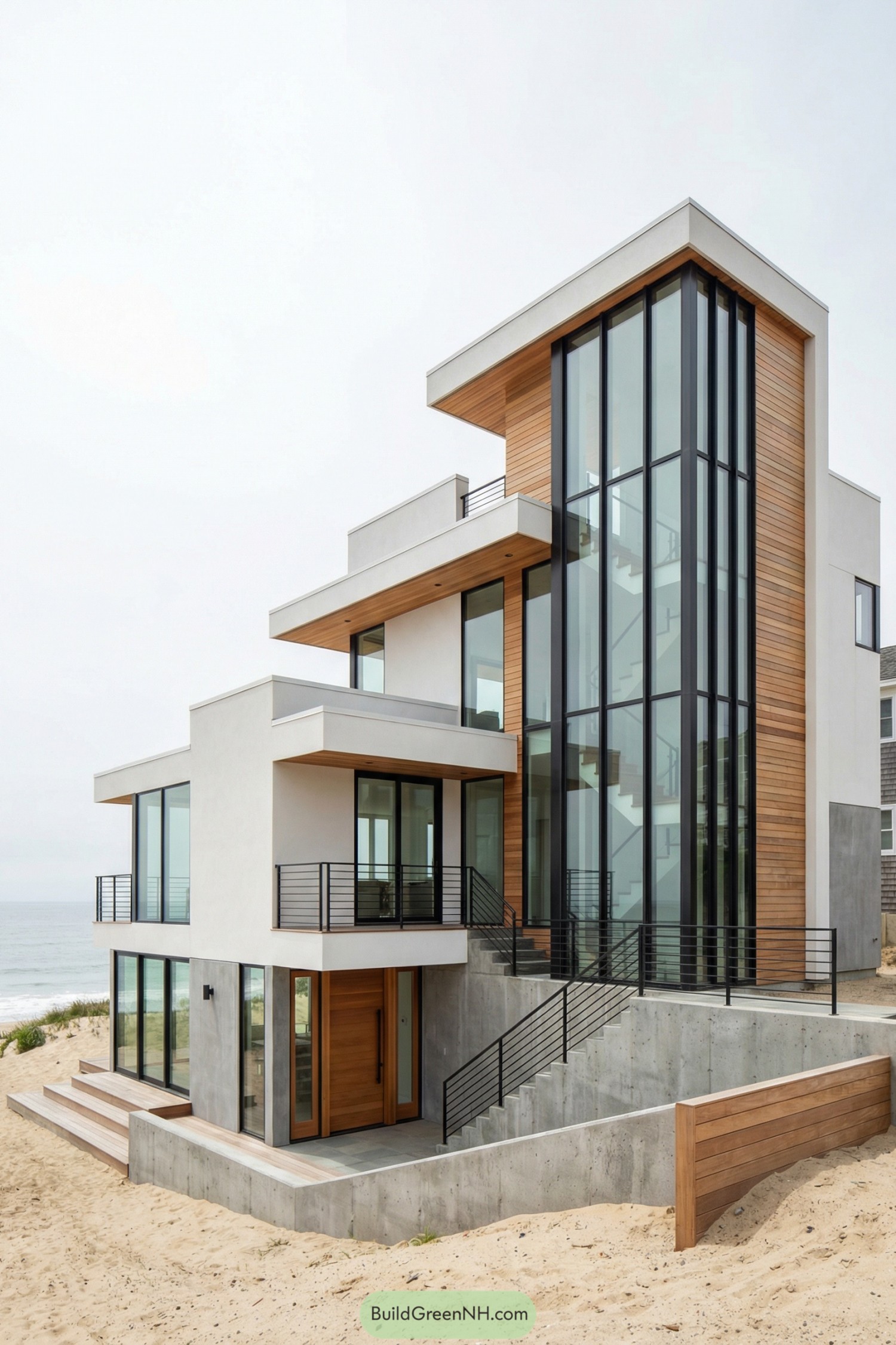 Modern multi level beach house with tall glass stair tower on a sandy oceanfront dune