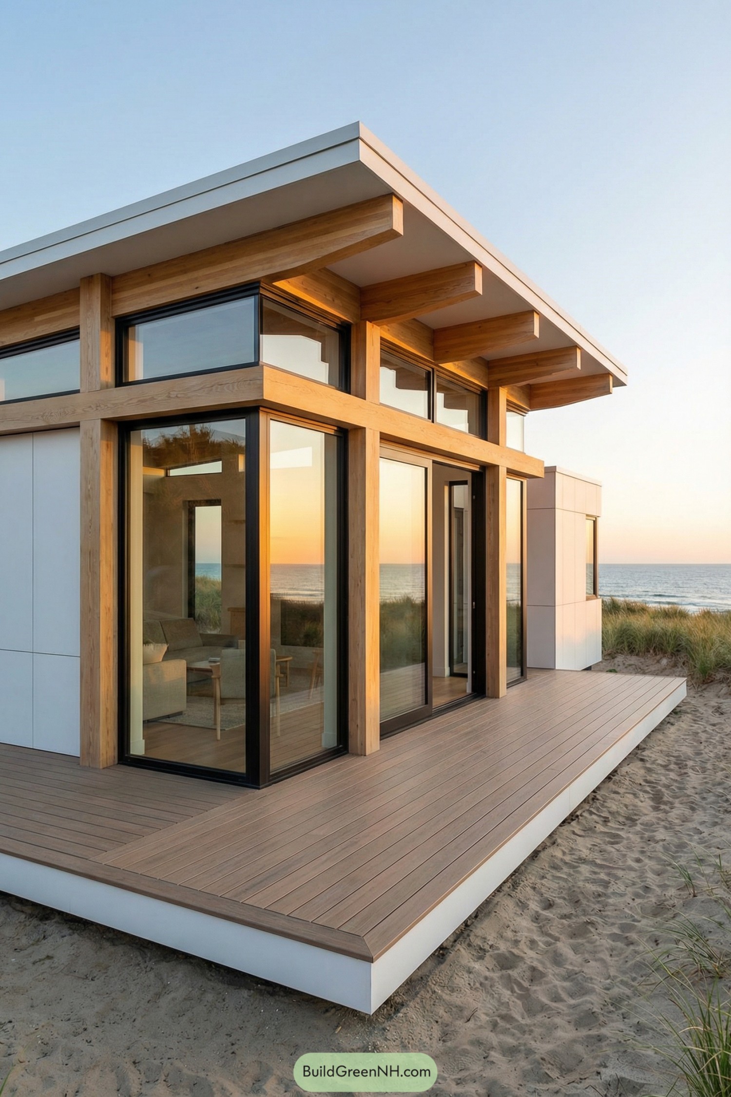 Modern wood framed beach cottage with large glass walls and wraparound deck at sunset