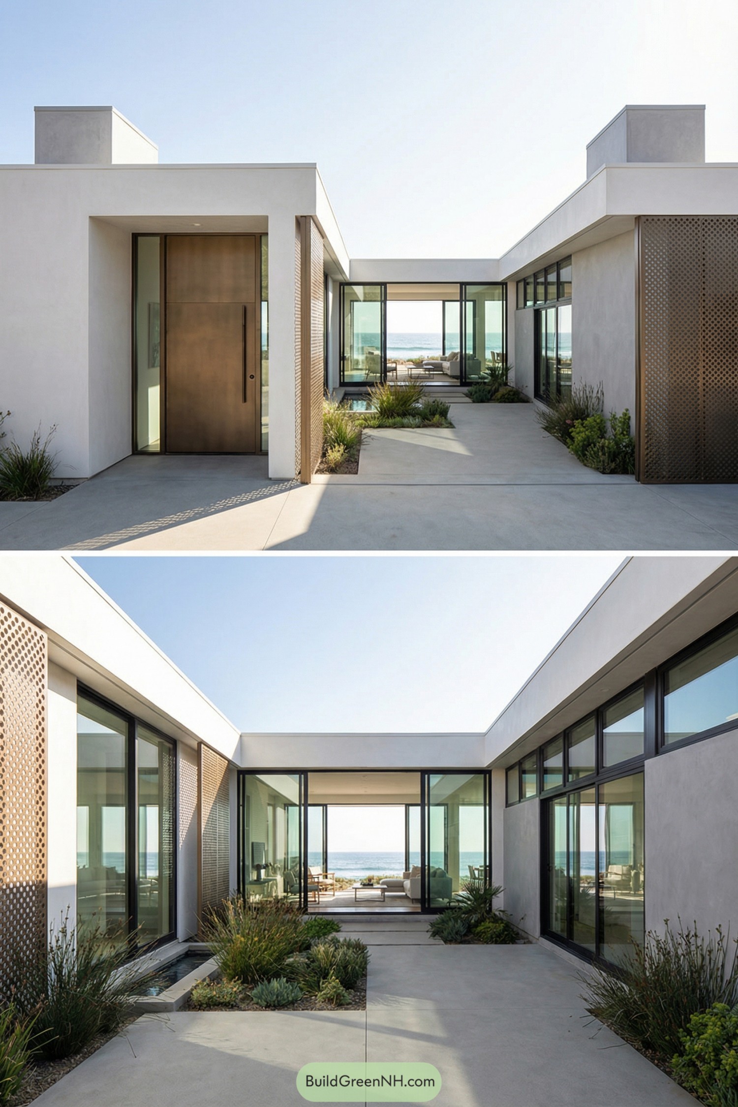 Modern U shaped beach house with glass walls opening to a central courtyard and ocean views