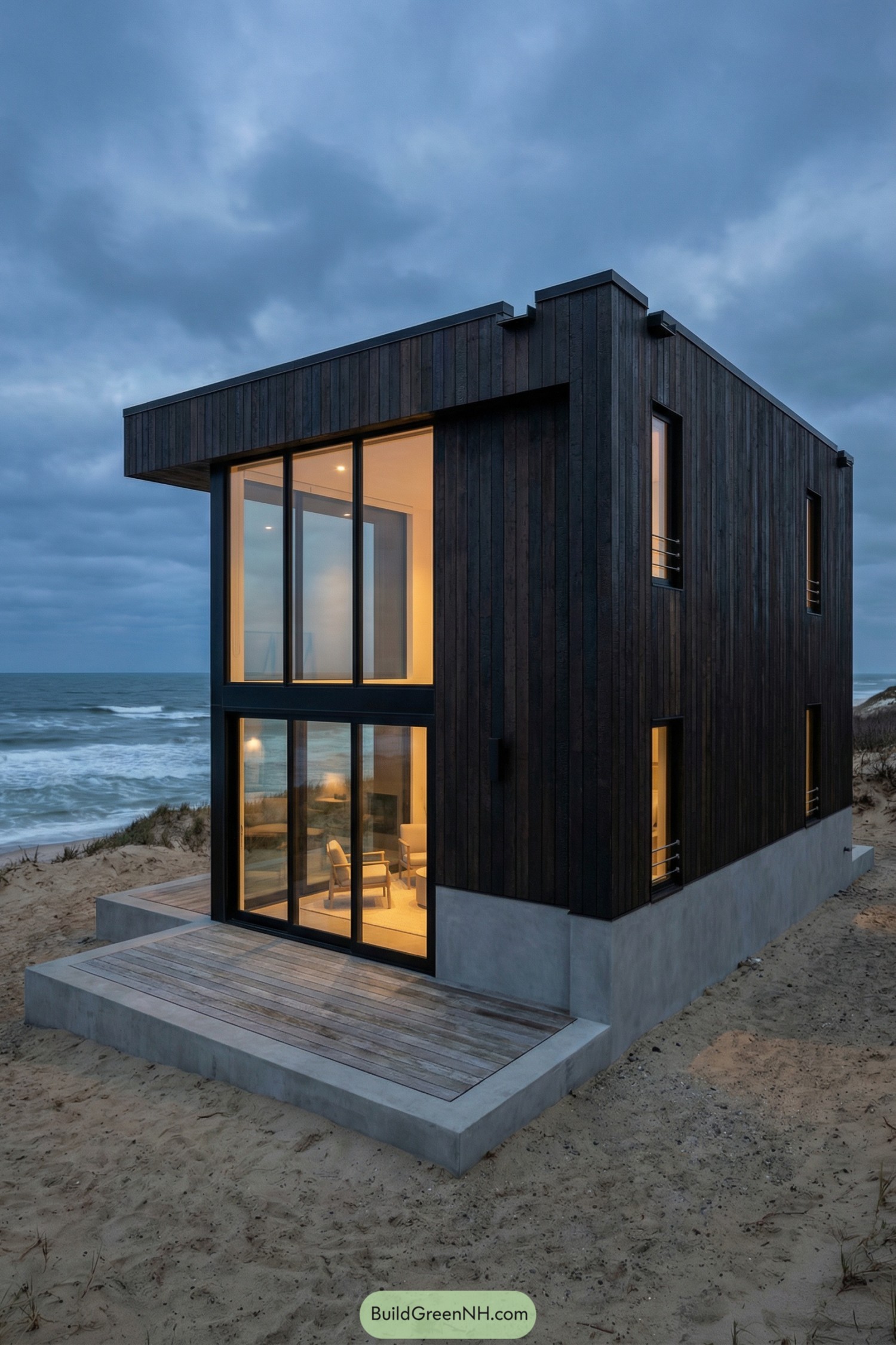 Dark wood beach cottage with large glass facade overlooking the ocean at dusk