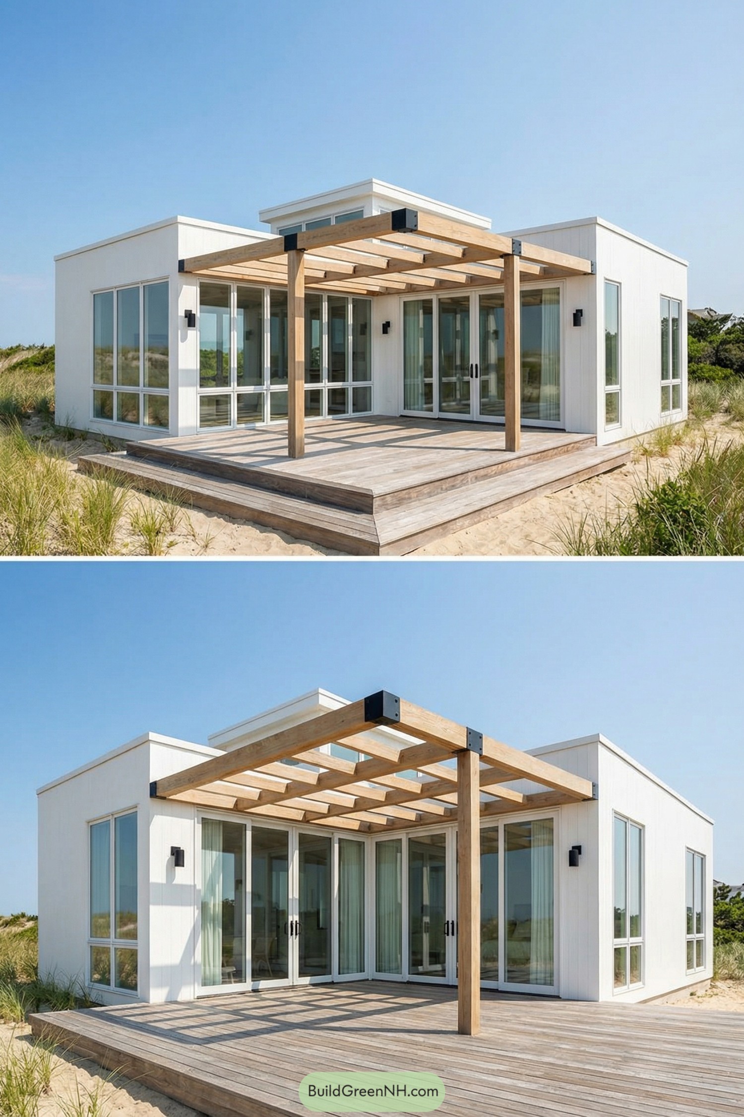 Modern white beach cottage with large glass walls and wood pergola over a raised deck on sandy dunes