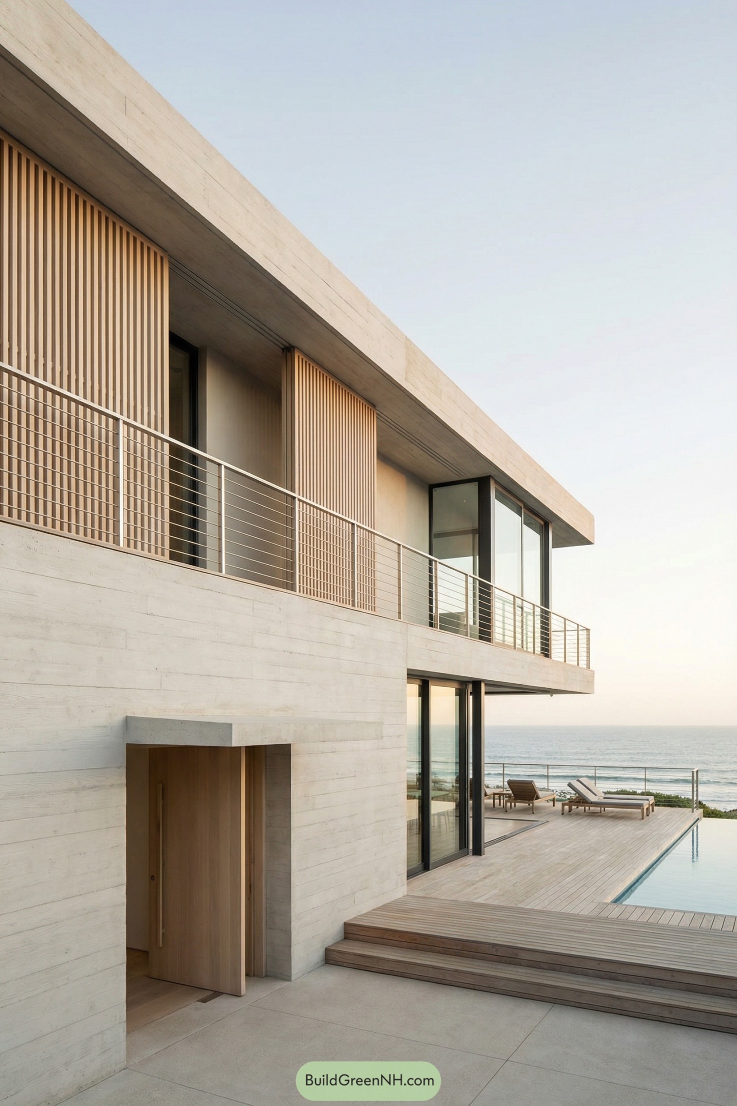 Modern beachfront house with concrete walls, wood accents, glass railings, and pool terrace overlooking the ocean