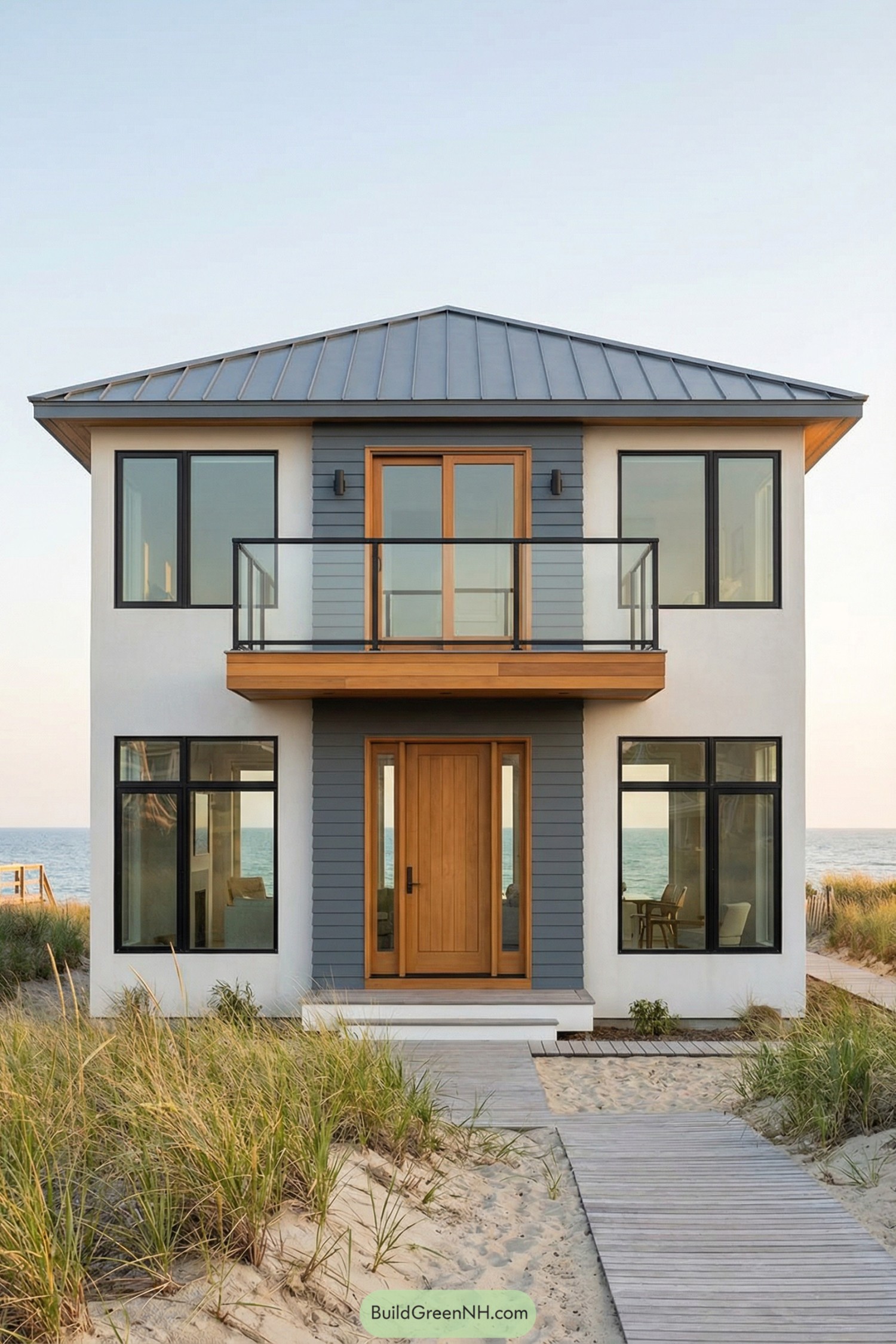 Architecture design of modern beach cottage with a refined coastal-craftsman-modern facade using clean lines, simplified detailing, and a strong emphasis on symmetry. Colors are soft white, muted slate gray, and warm caramel wood accents. The structure is a two-story rectangle with centered entry and a projecting ocean-side balcony. Materials include smooth stucco, shiplap-style fiber-cement on select bays, and cedar accent panels beneath balcony soffits. Roofing is a low-hip roof in standing-seam metal with minimal fascia thickness. Windows are evenly aligned black-framed casements with large central picture windows facing the sea. Doors include a centered wood entry door with narrow vertical glazing and matching balcony sliders with thin frames, single photo, high-resolution, architectural photography, strictly no collages.