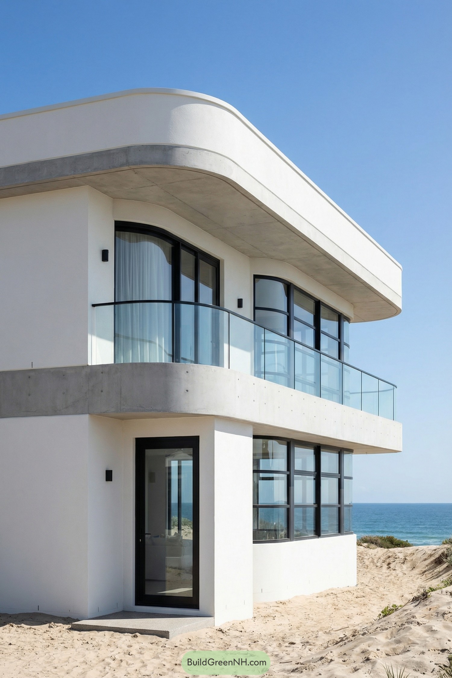 Two story white beach house with curved concrete roofline and glass balcony overlooking the ocean