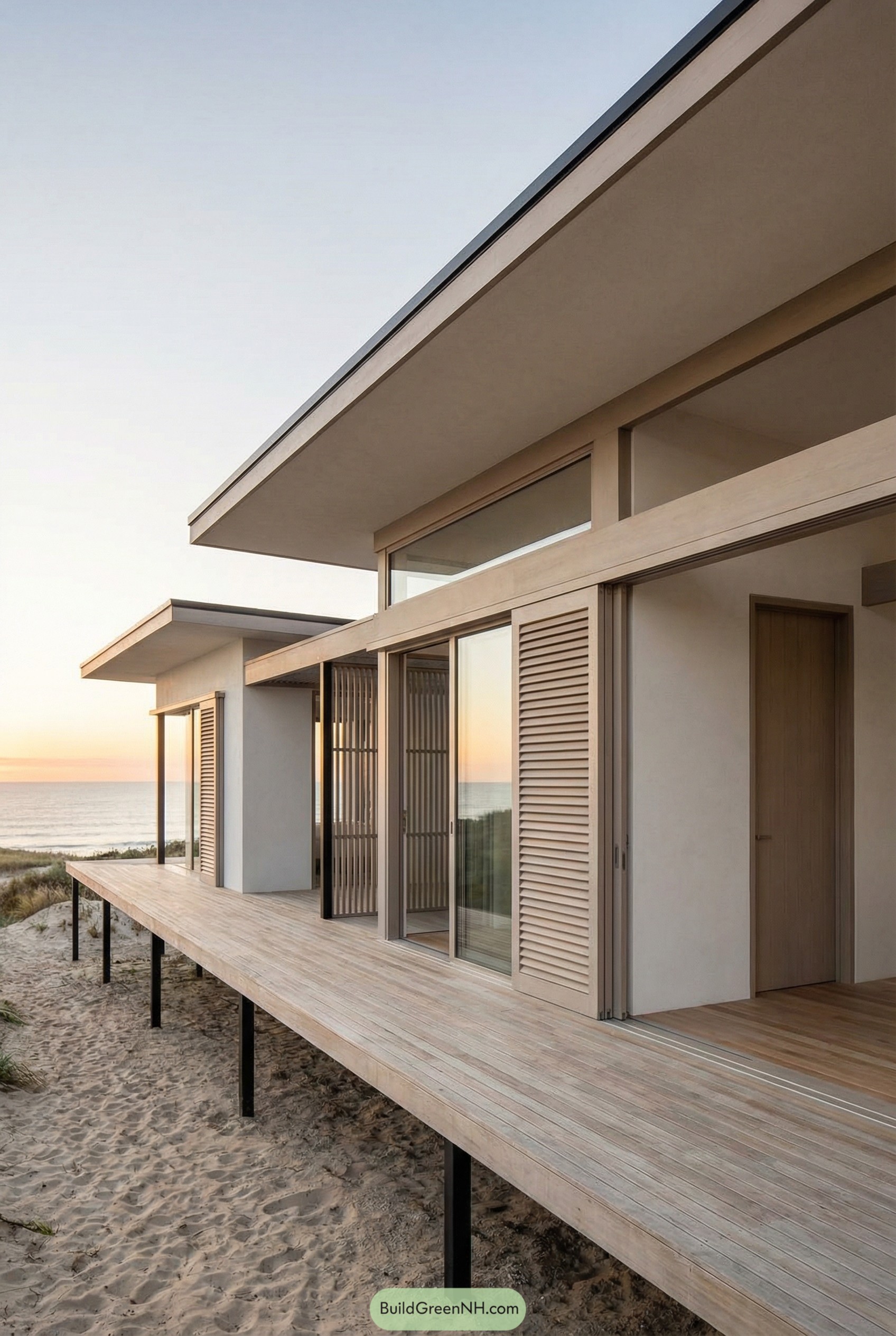 Modern stilted beach cottage with sliding wood screens and wide deck facing the ocean