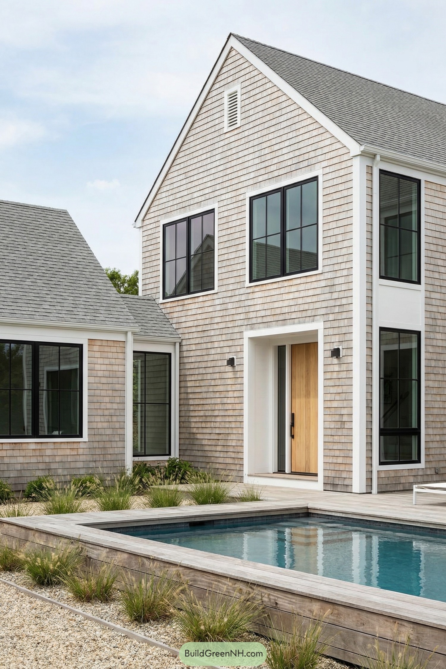 Modern shingled Hamptons house with courtyard pool