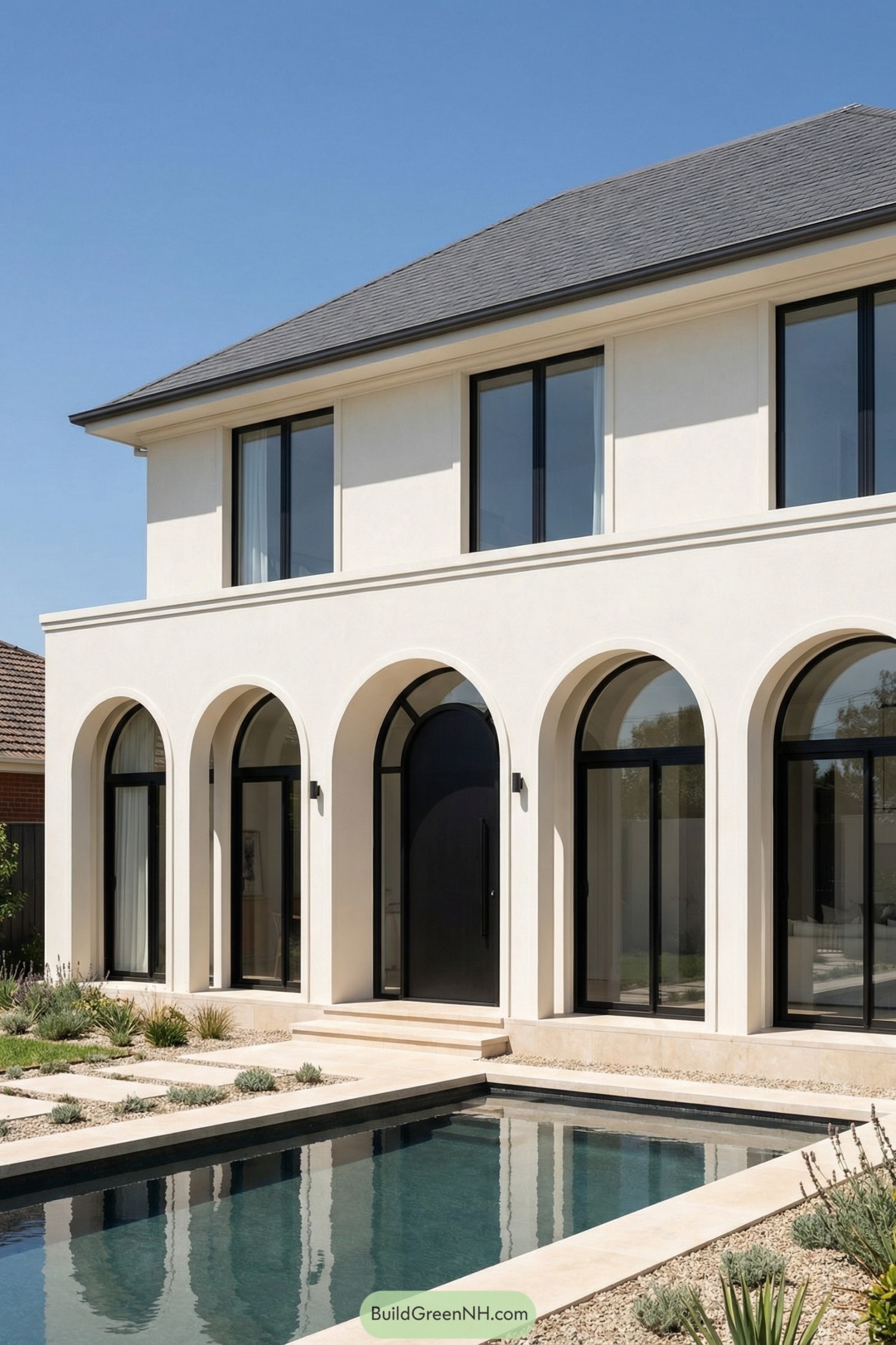 Creamy stucco Hamptons house with tall black framed arches opening to a narrow modern pool and desert inspired landscaping