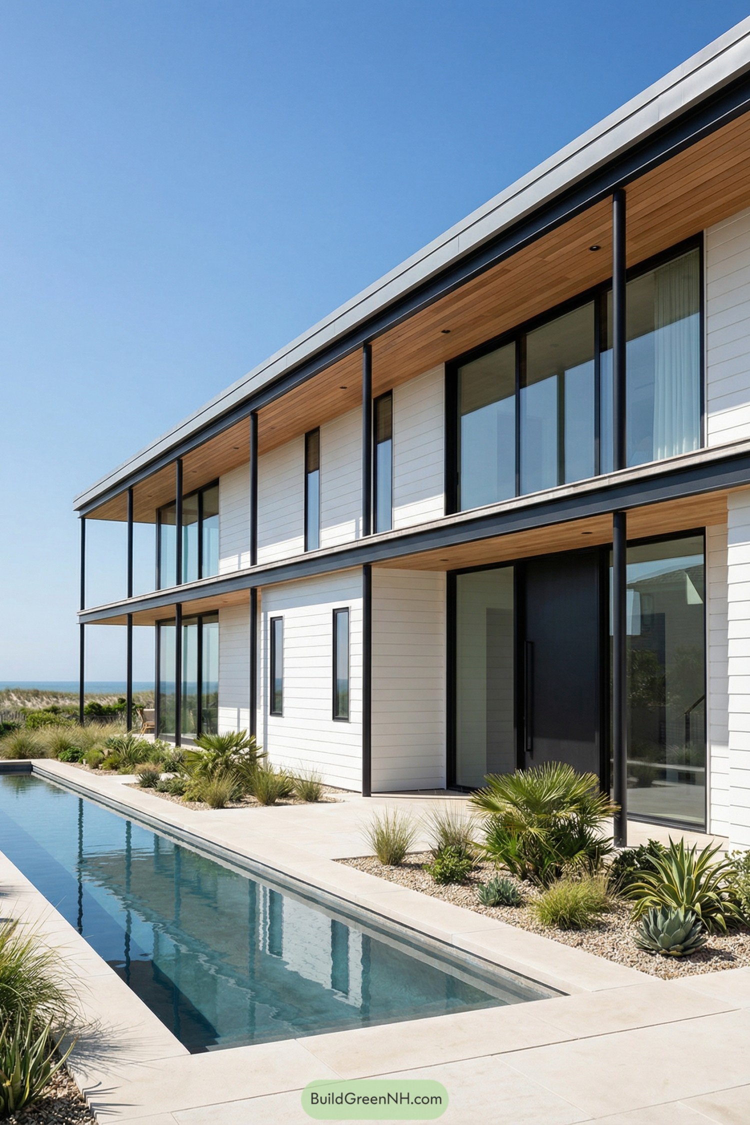 Long narrow modern Hamptons house with full height glass and a sleek lap pool edged by coastal plantings