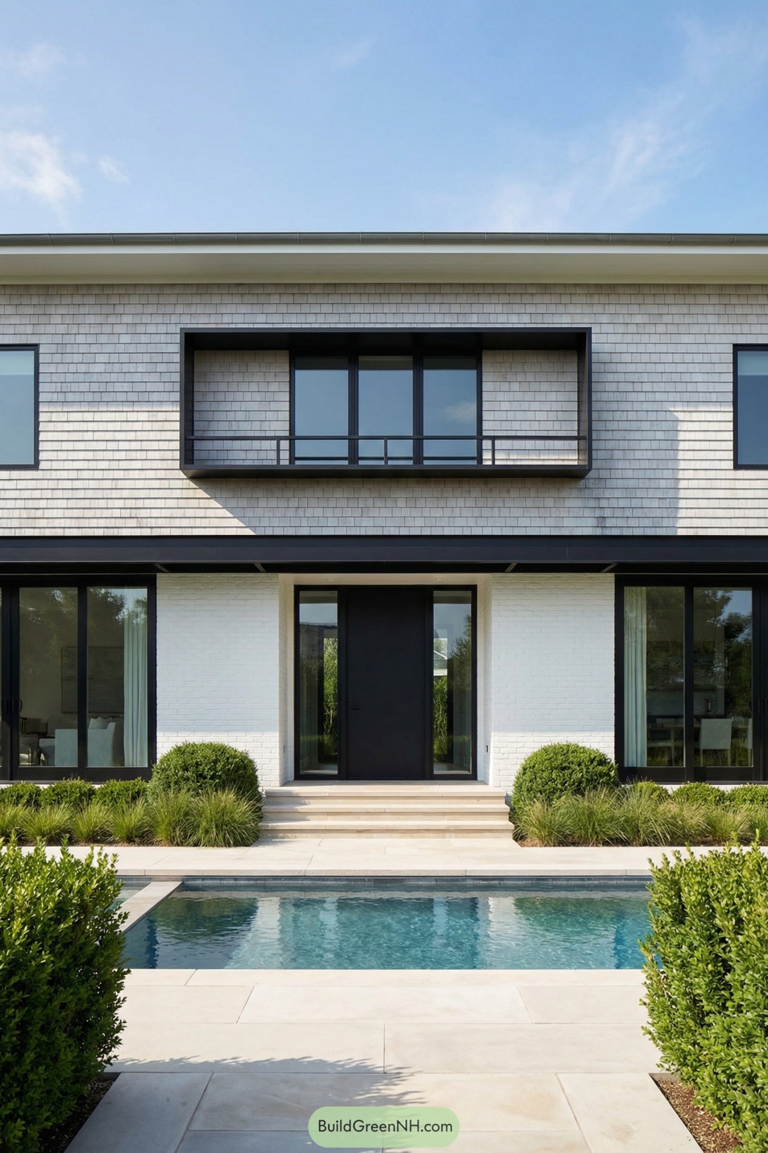 Modern Hamptons house with shingle facade, black trim, and a sleek pool in front