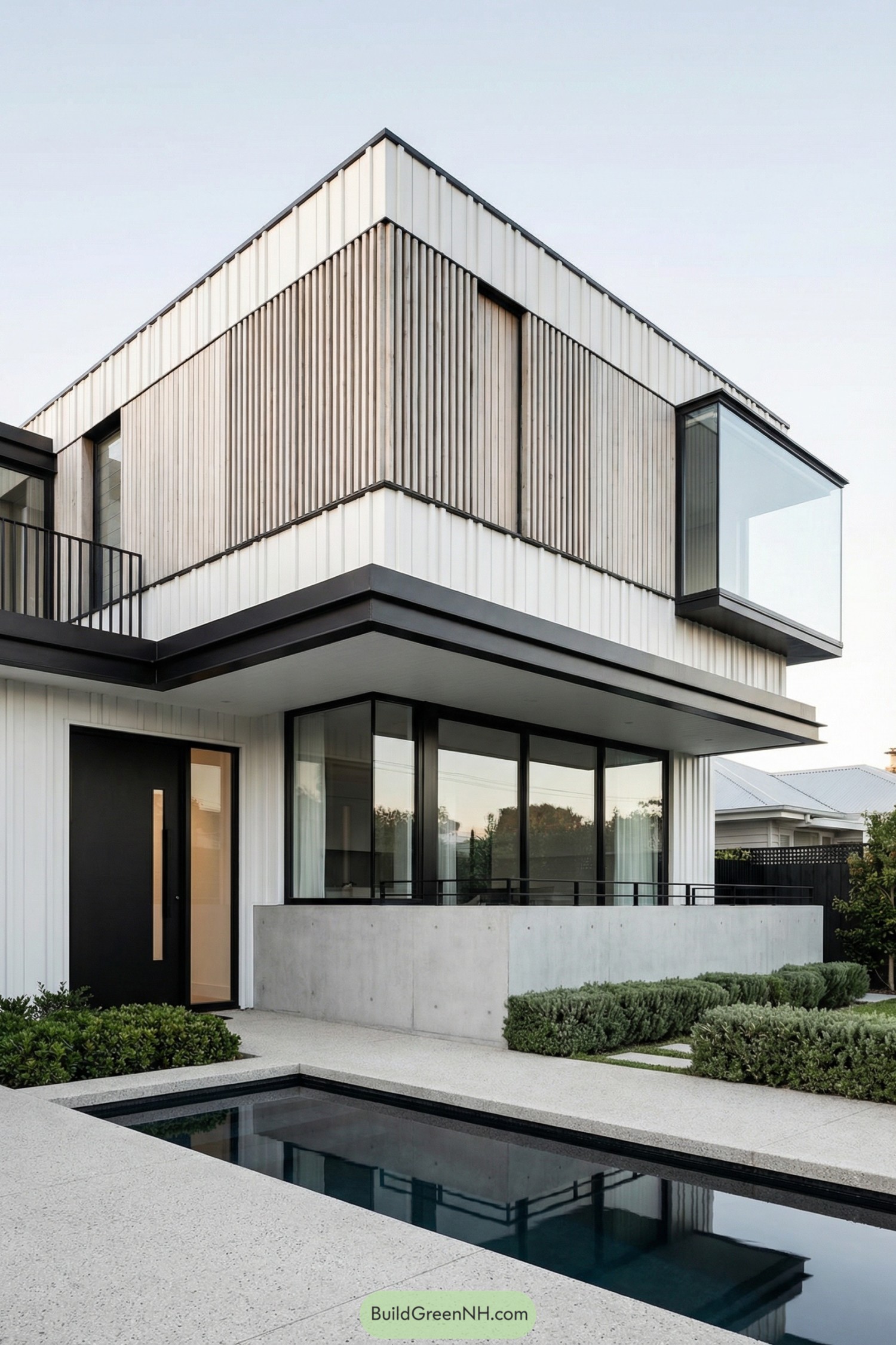 Modern two-story Hamptons house with slim lap pool and boxy glass projection