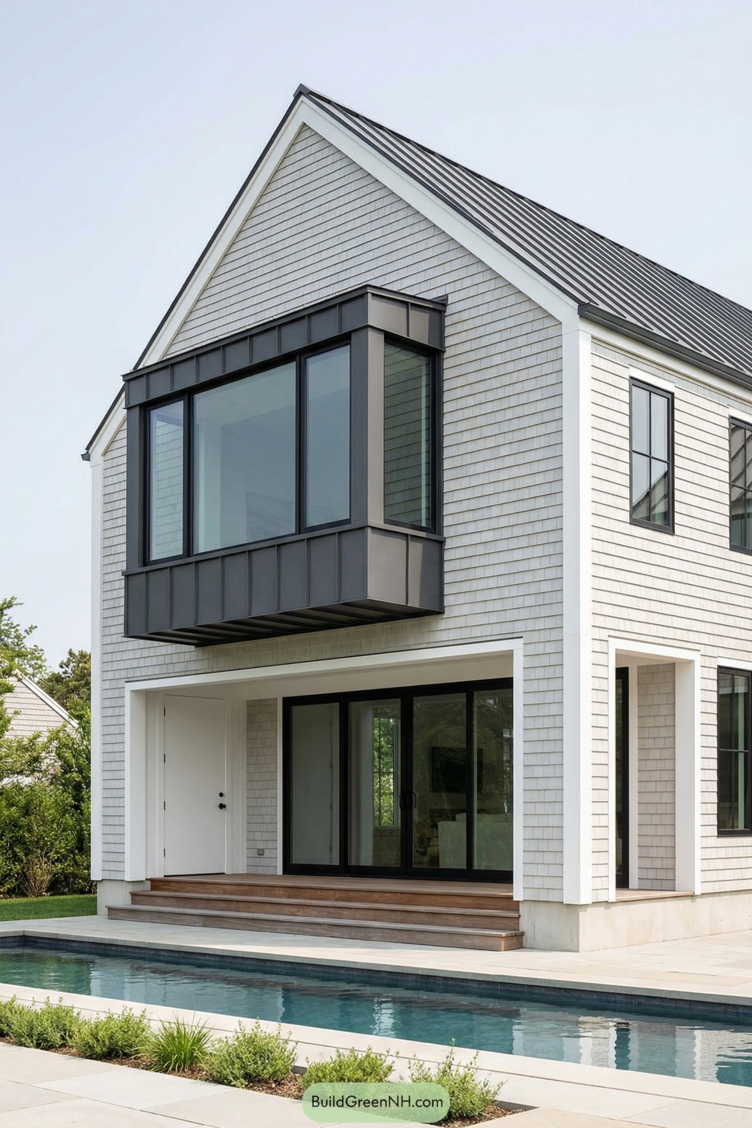 Architecture design of modern Hamptons house with a contemporary shingle facade punctuated by a dramatic cantilevered upper window bay, giving a crisp modern edge to classic coastal massing; colors are pale gray shingles, white corner boards, and black aluminum fenestration; the structure is a two-story gabled form with an upper-level projection and a recessed ground-floor terrace line; materials include cedar shingles, painted timber trim, black metal soffit panels under the cantilever, and a smooth light concrete foundation; roofing is a dark gray standing-seam metal roof with a single gable and a subtle overhang; windows are large black-framed panes, including the projecting bay with wraparound glass and minimal mullions; doors include wide black-framed sliding glass doors along the terrace and a flush white entry door with a black handle set; the foreground features a timber deck platform meeting a long rectangular pool with pale coping and minimal planting bands. single photo, high-resolution, architectural photography, strictly no collages.