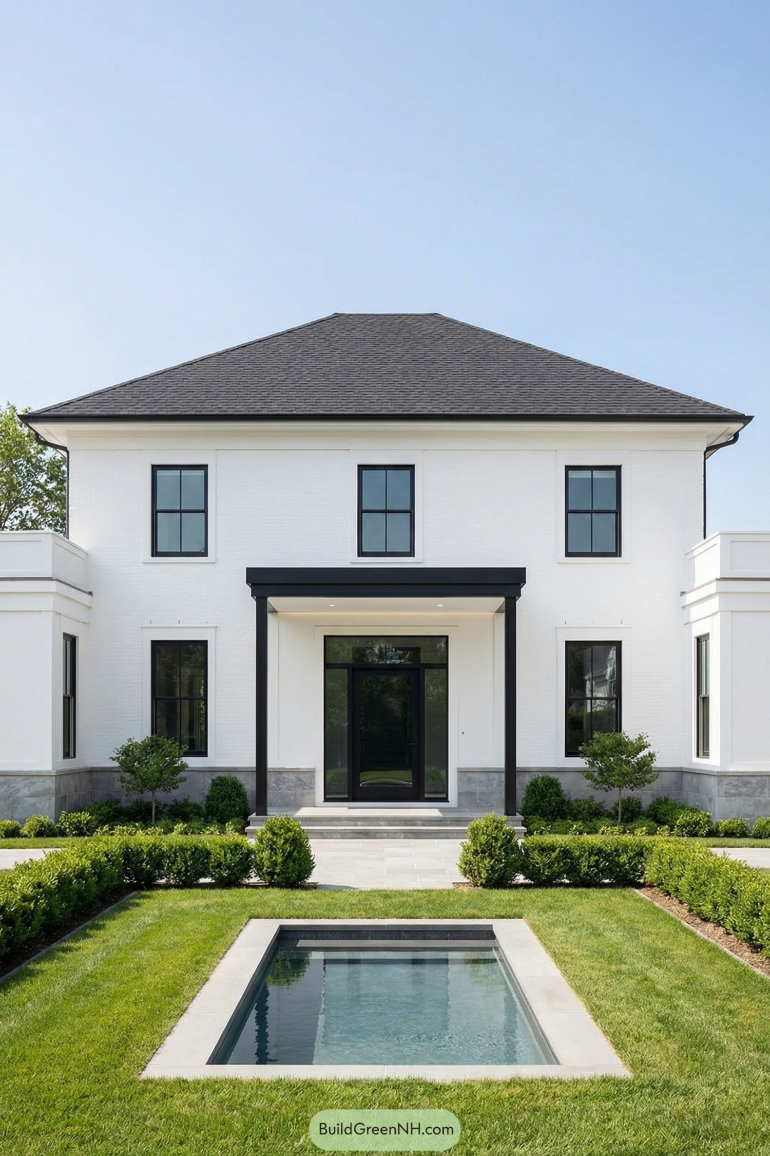White two story Hamptons house with black trim and a small rectangular plunge pool set in a manicured front lawn
