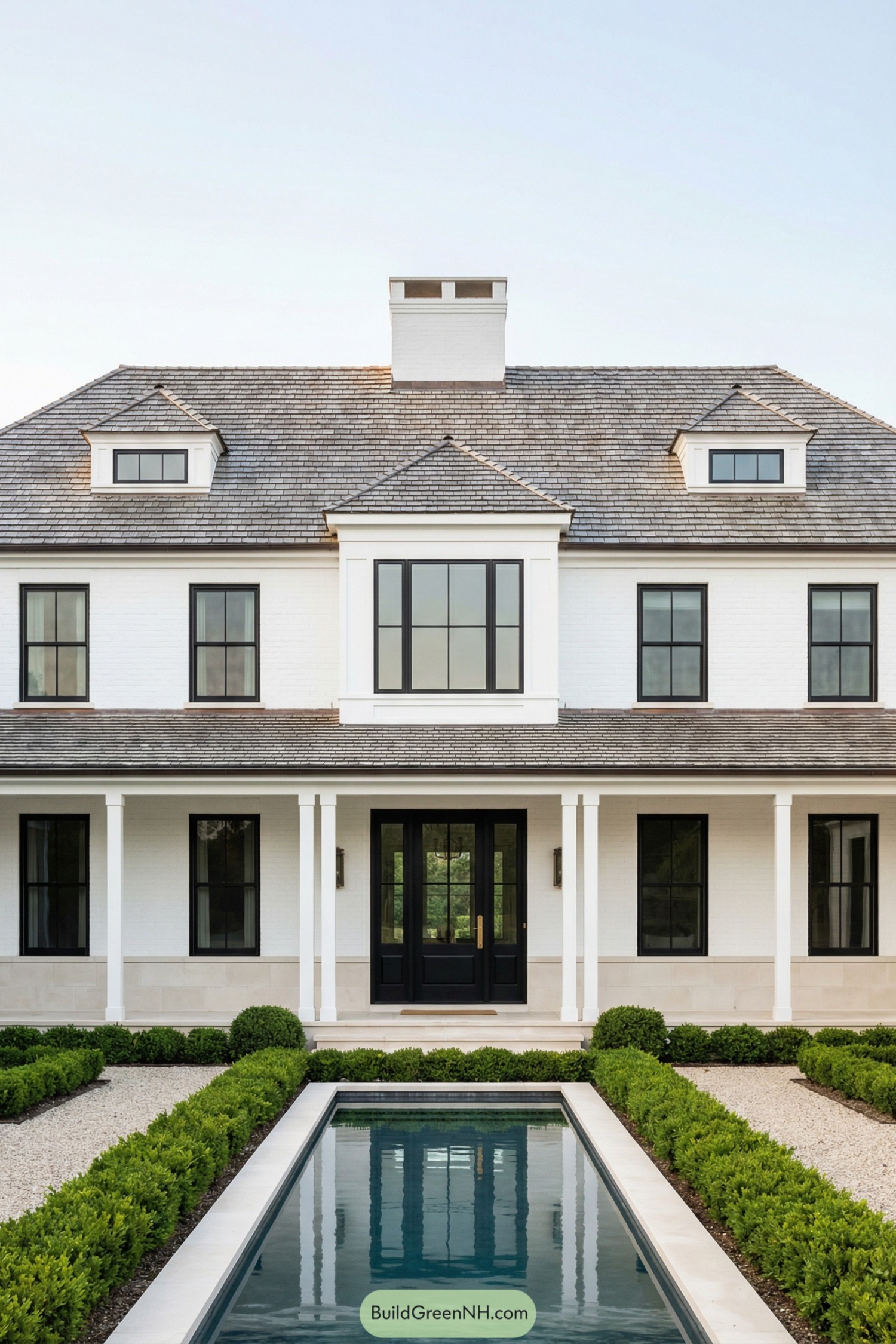 White brick Hamptons home with central lap pool and manicured hedges