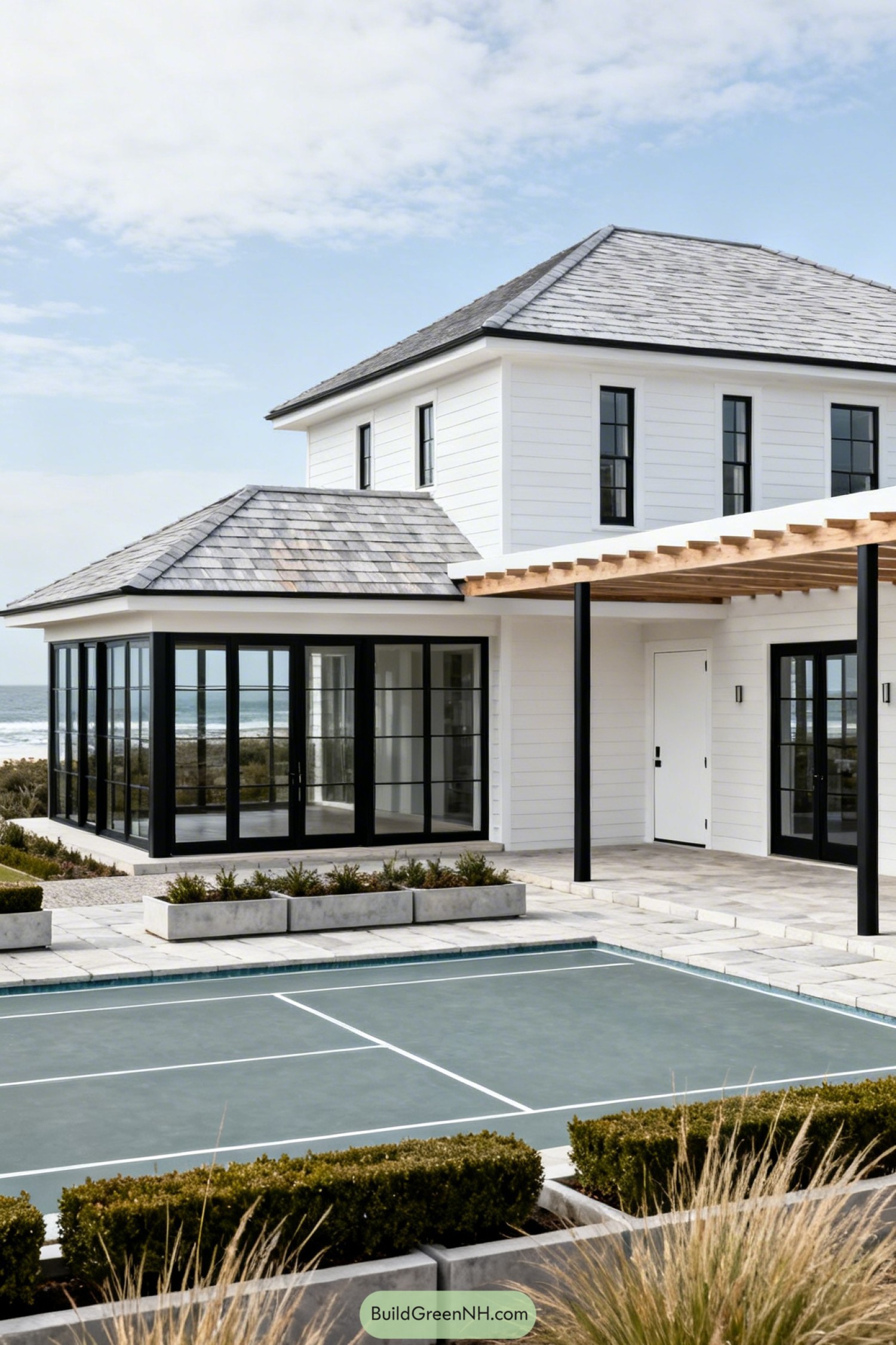 Modern white Hamptons house with glass pavilion and sport court