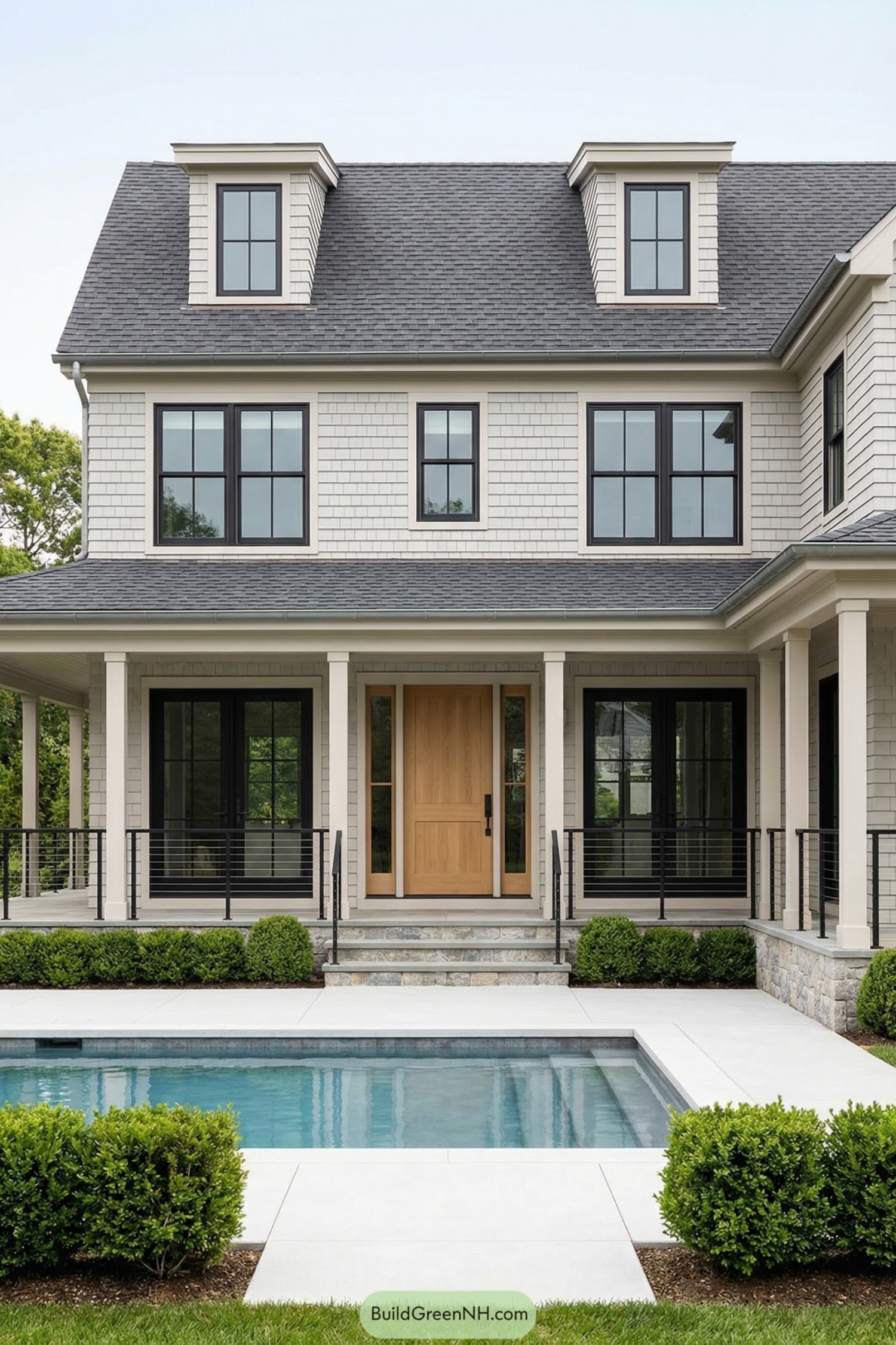 Modern shingle Hamptons home with pool and covered porch