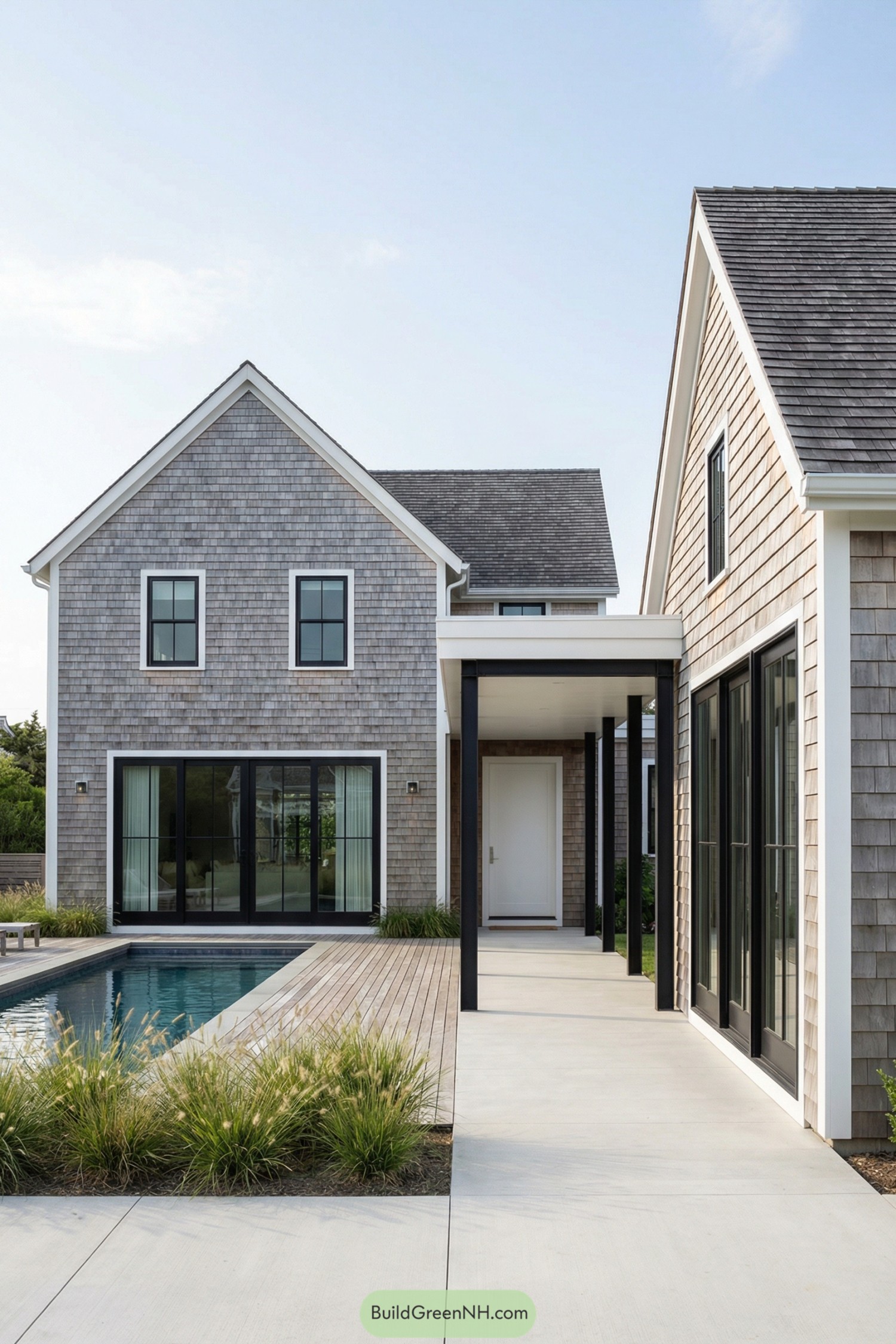 Shingled Hamptons home with gabled wings framing a narrow pool courtyard and covered walkway