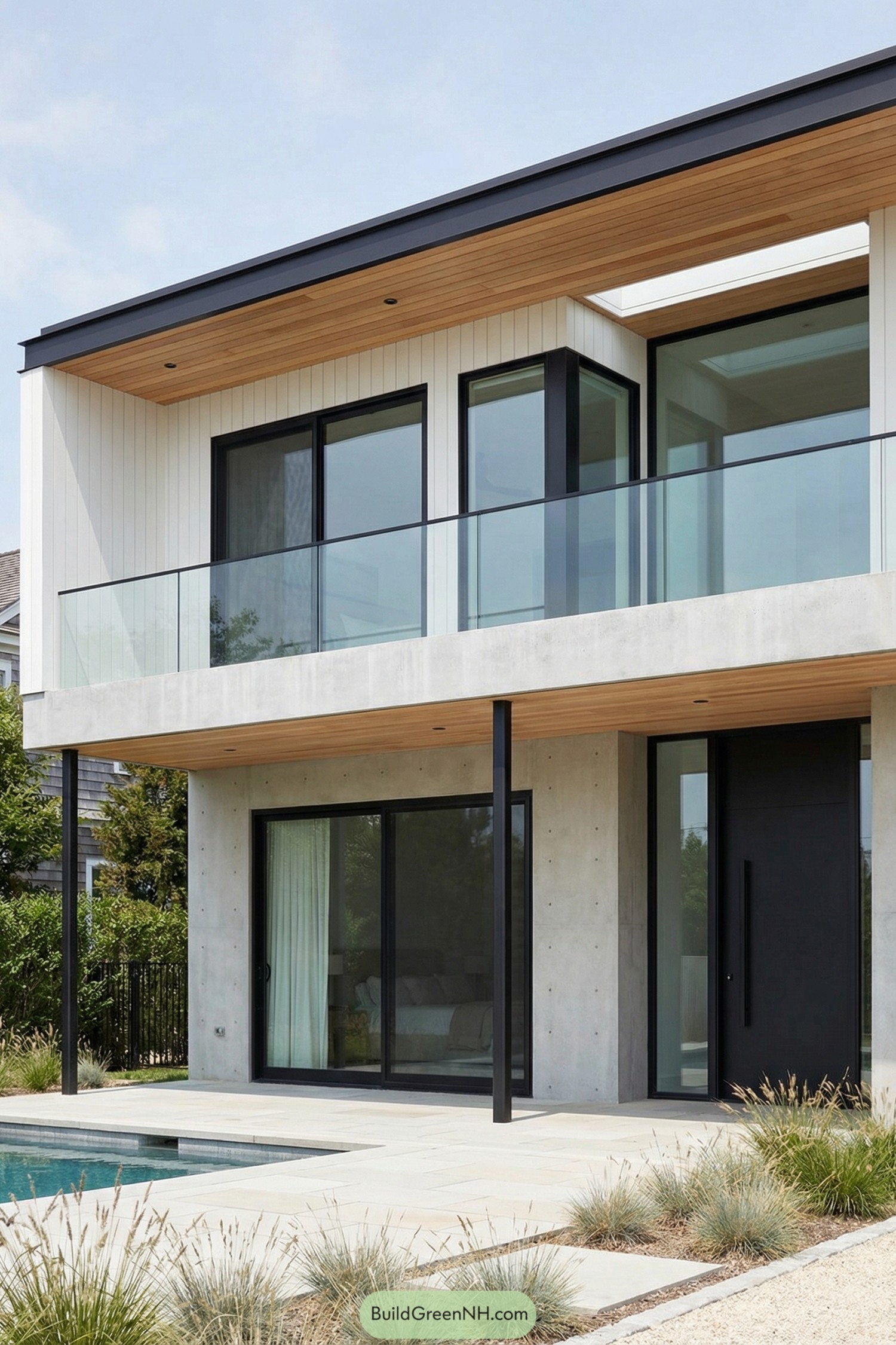 Modern two story pool house with large glass openings and concrete accents
