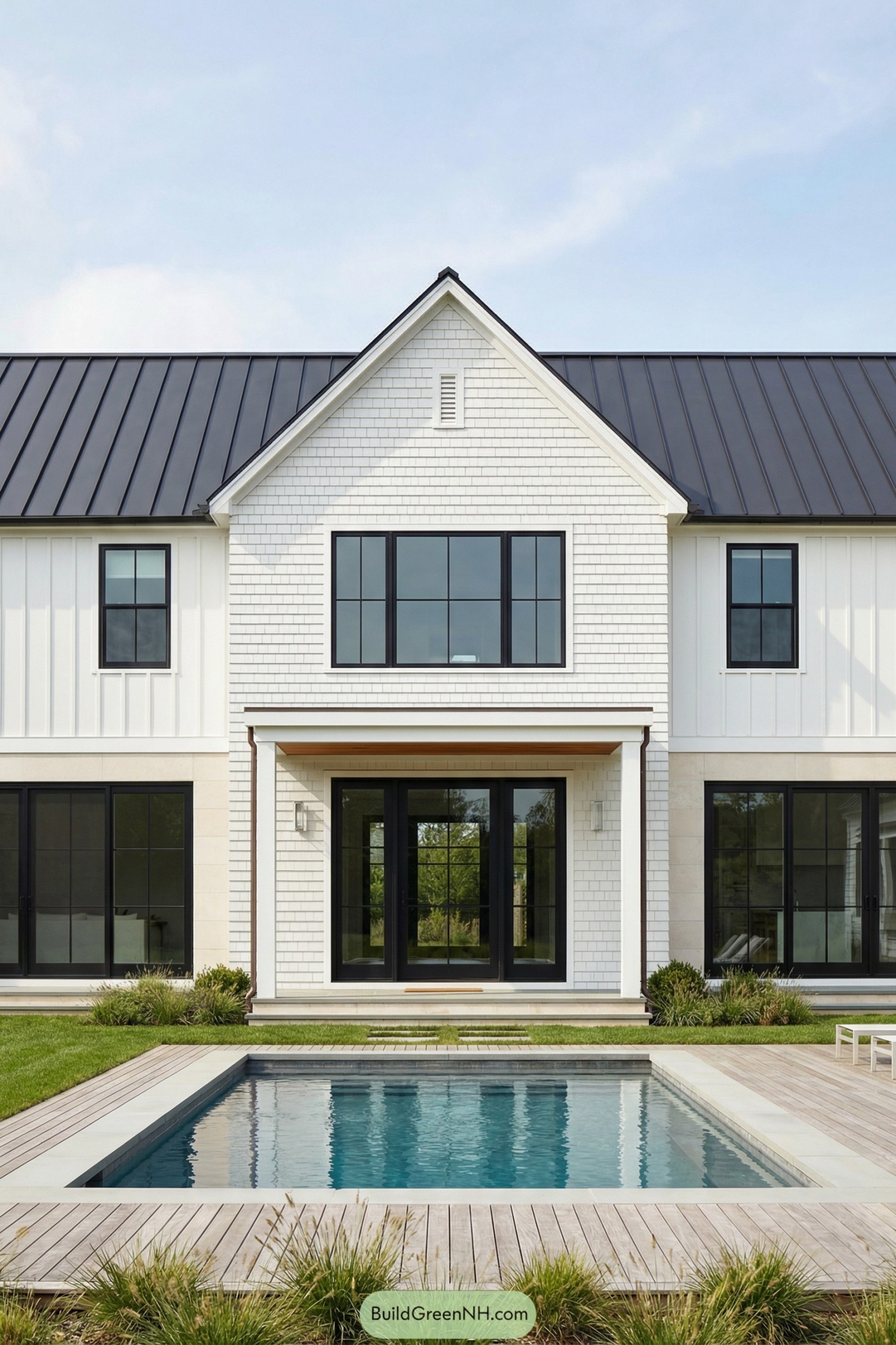 Modern white gabled house with backyard pool