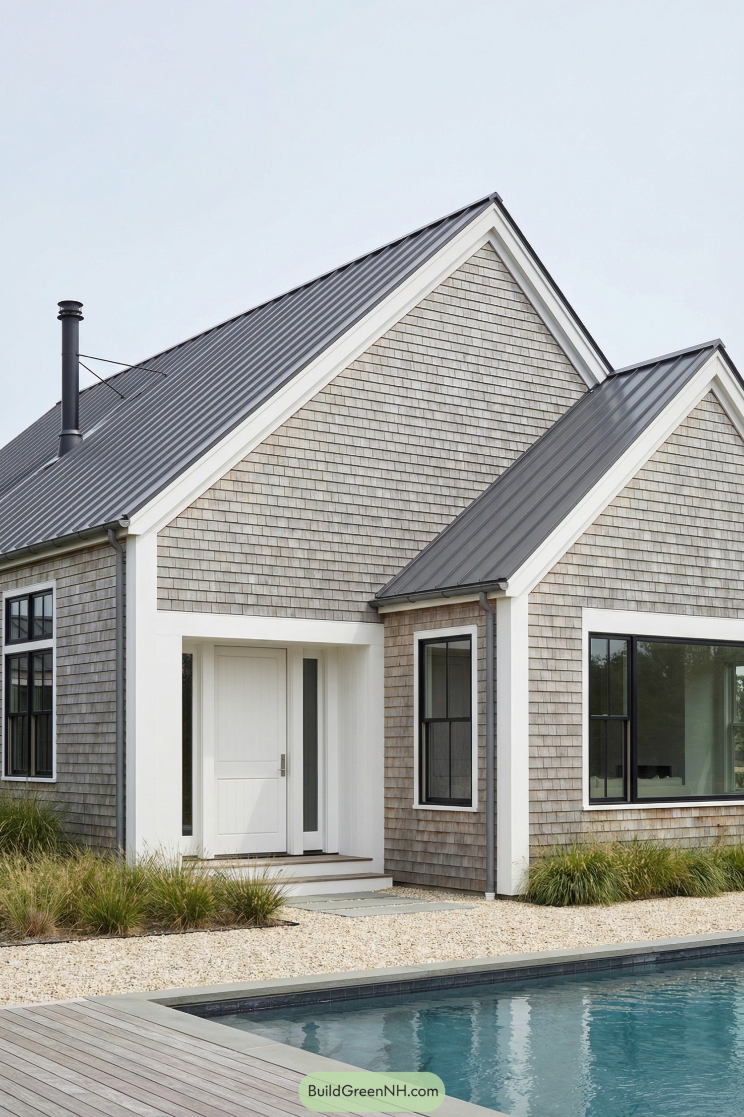 Modern shingled Hamptons house with metal roof and pool