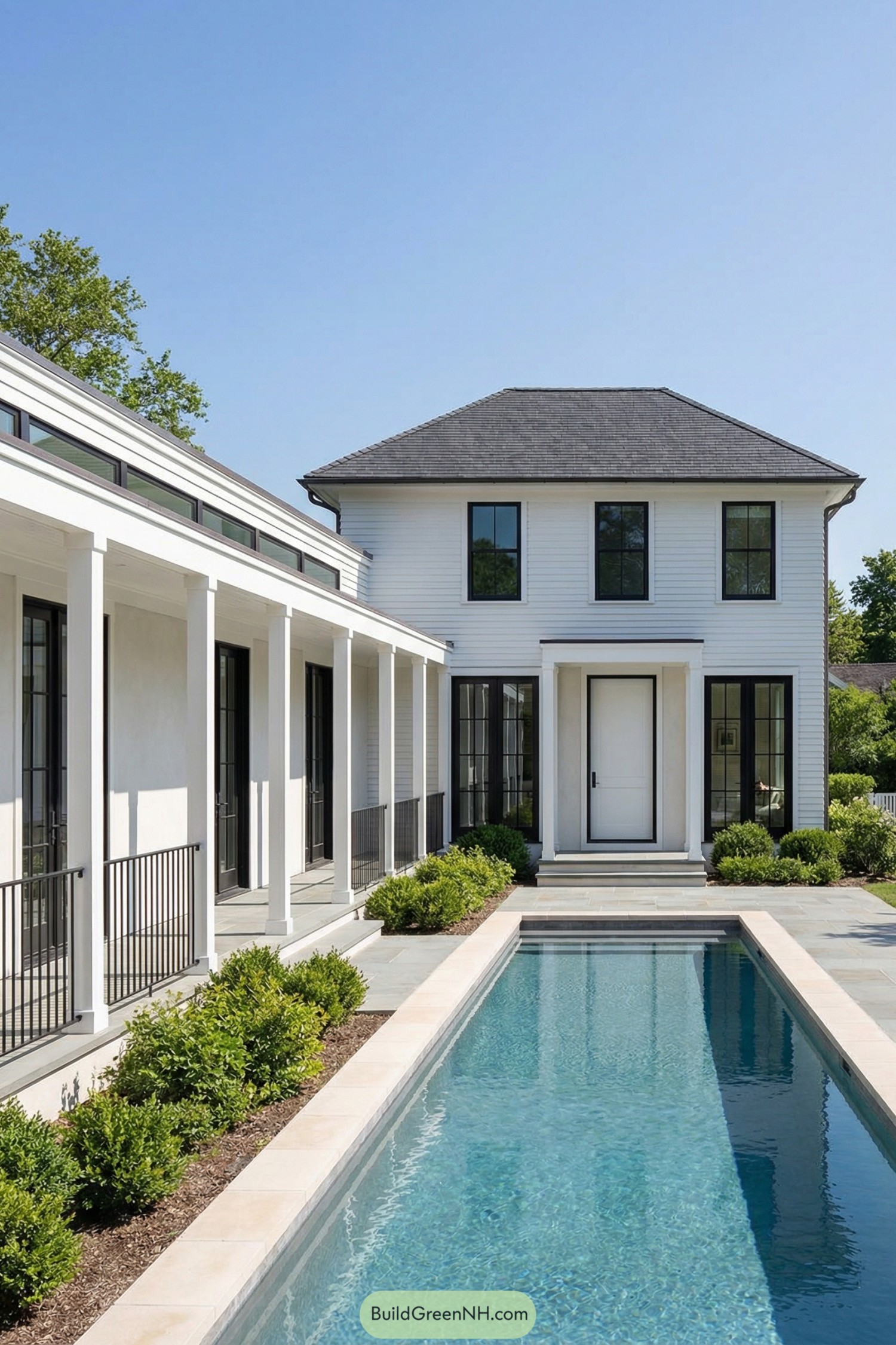 White two story Hamptons house with long lap pool framed by a colonnaded wing and simple landscaping