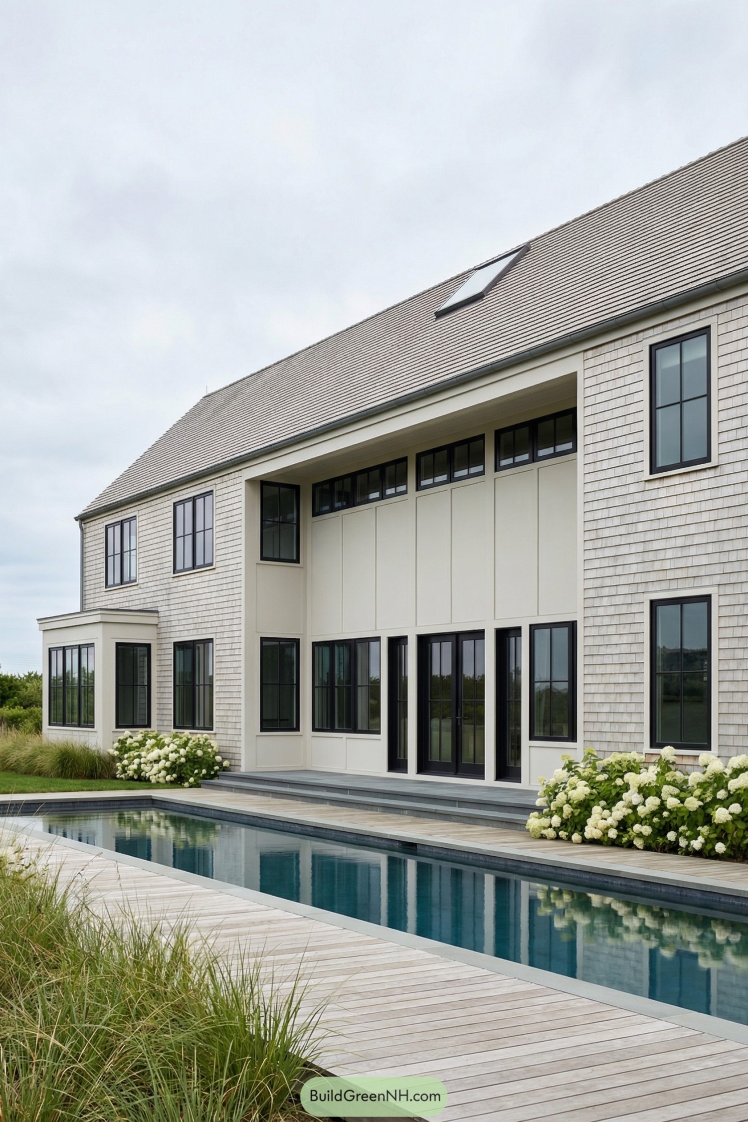 Modern shingle house with lap pool