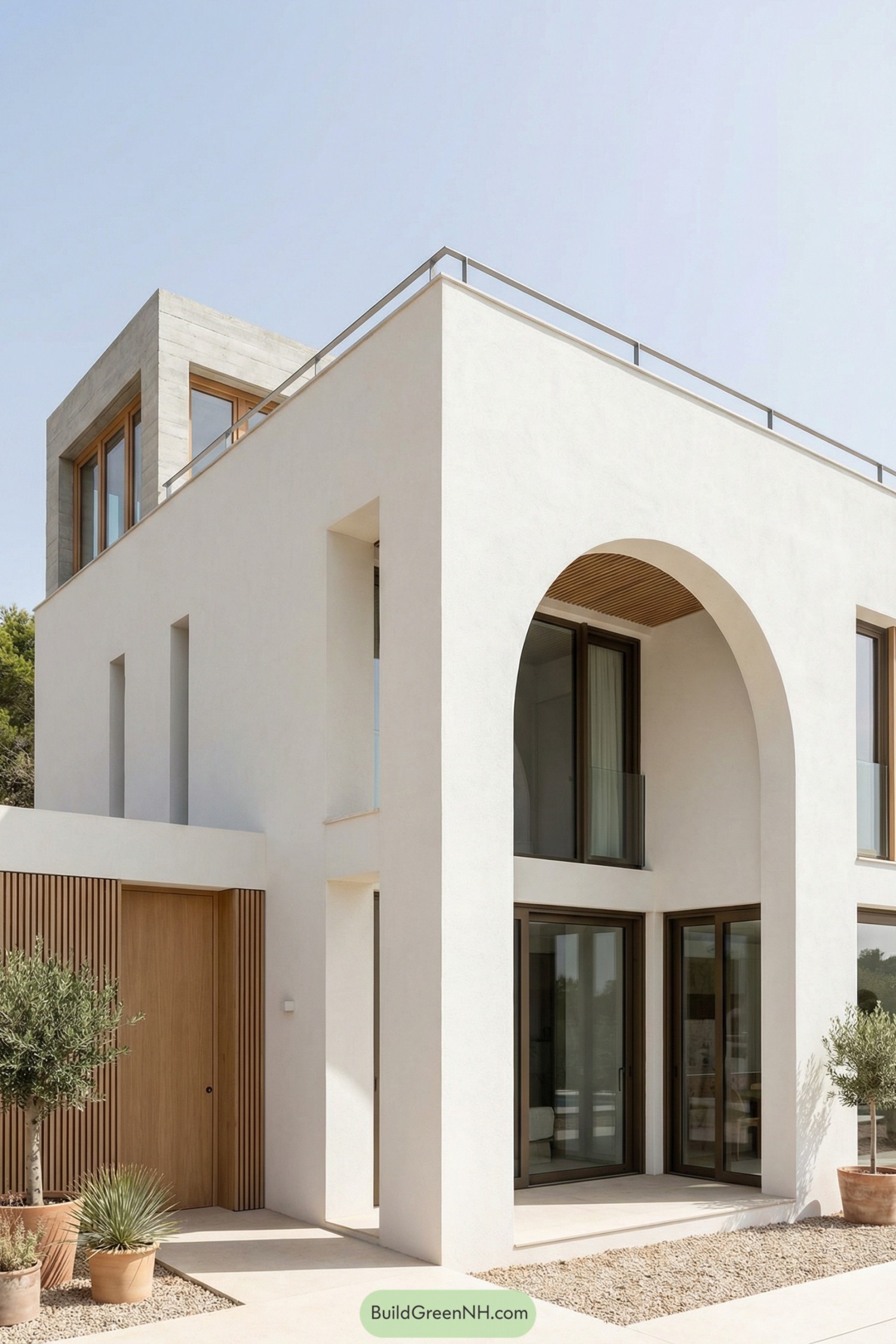 Modern white Mediterranean house with tall arch