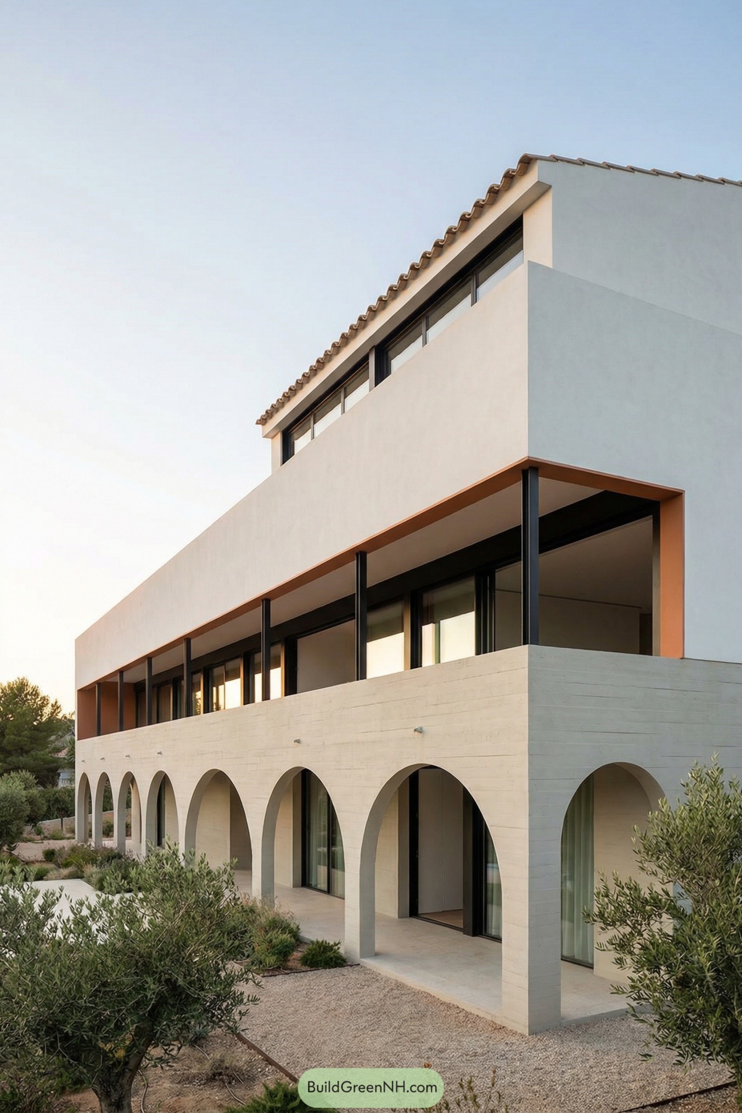 Modern Mediterranean villa with long arches and stacked volumes