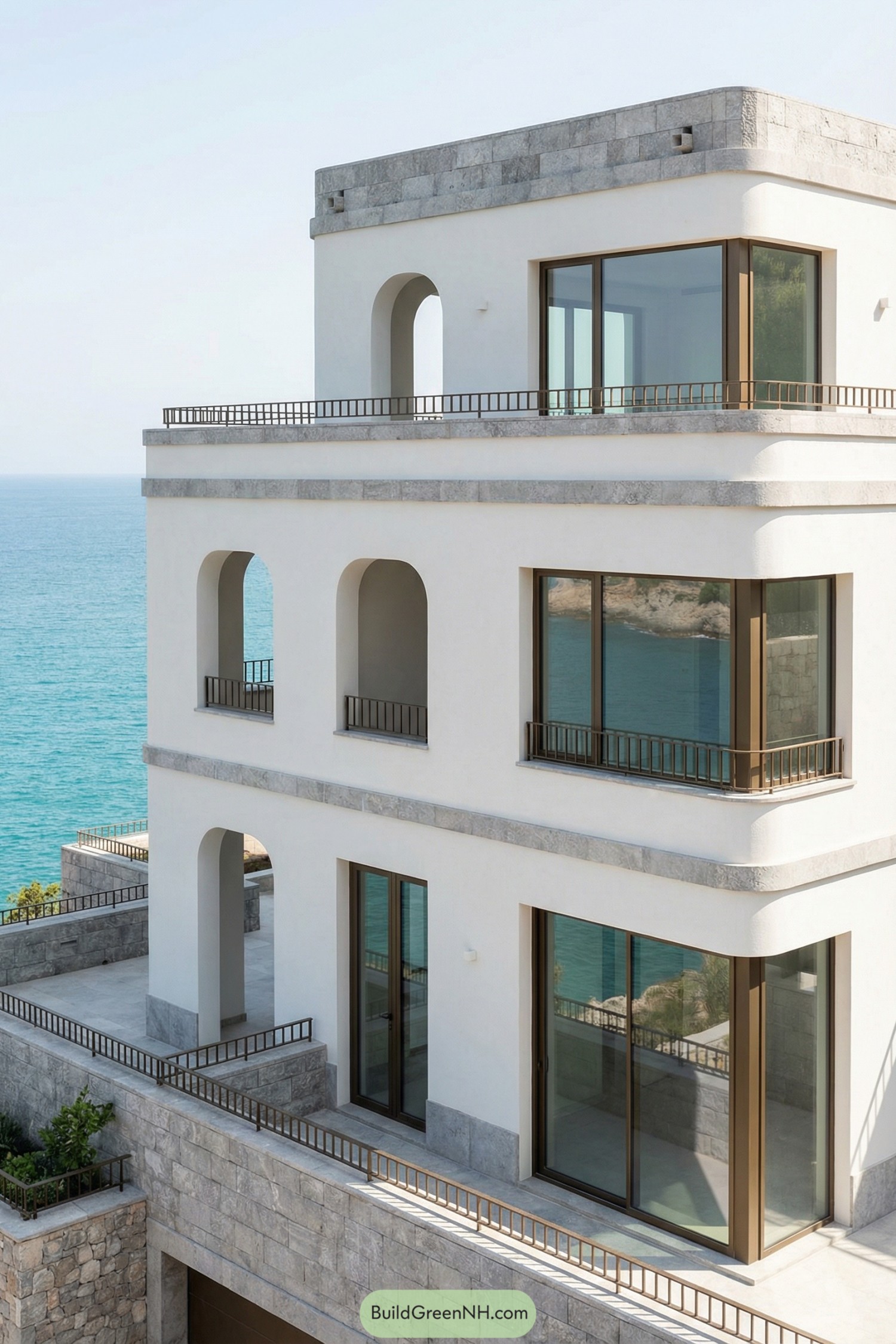 White coastal villa with arches and large glass openings overlooking the sea