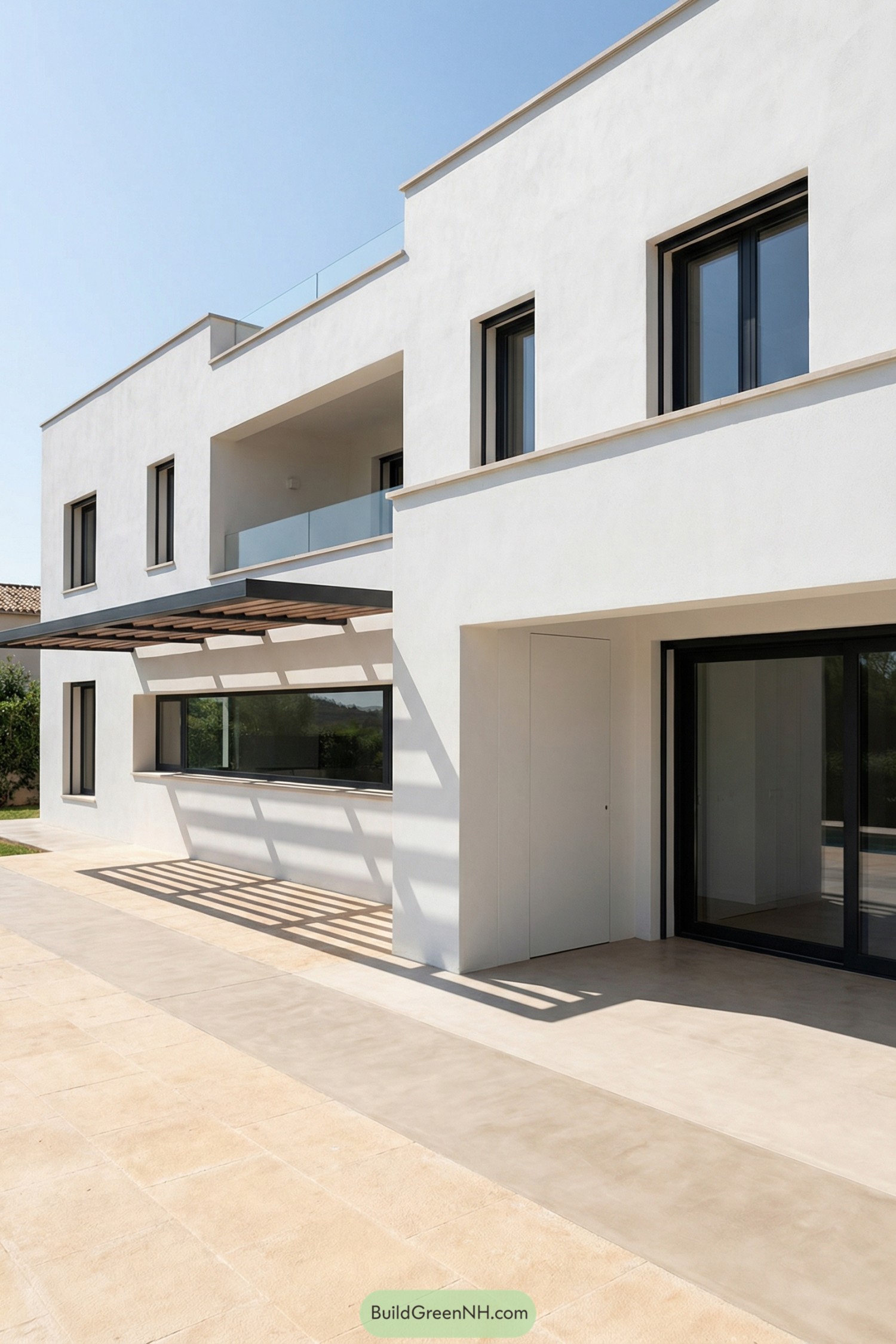 Two story white modern Mediterranean house with flat roof, deep windows, and metal pergola casting shadows on the terrace. Smooth stucco walls and large sliding glass doors open to a broad paved outdoor area