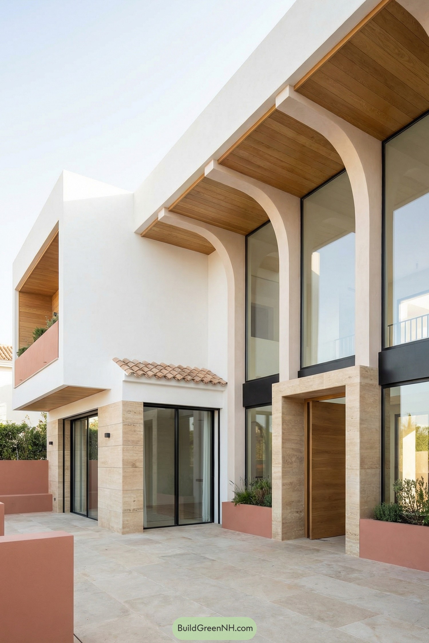 Modern Mediterranean home with tall arched windows and warm stone accents