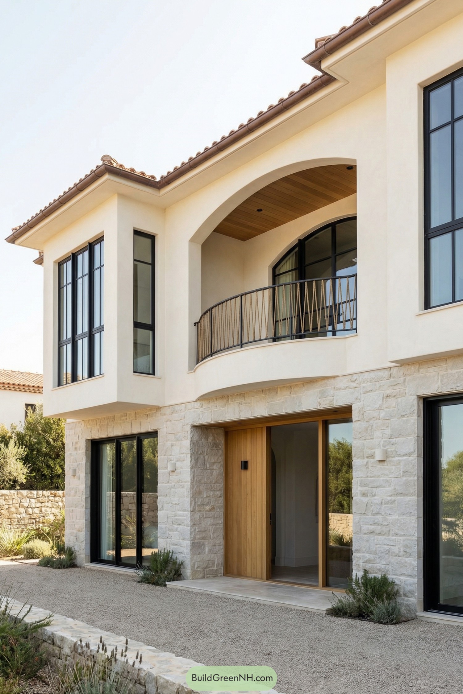 Architecture design of modern mediterranean architecture featuring a façade with a refined stone-and-stucco contrast: a ground floor clad in pale, horizontally coursed stone supporting an upper level of smooth white plaster with a recessed arched balcony niche; colors are creamy white, pale gray-beige stone, and matte black with warm oak accents; the structure is a two-level block with a centered balcony recess and a slightly projecting upper corner; materials include stone veneer, lime stucco, oak soffit panels, and black aluminum glazing; roofing is a shallow terracotta tile roof with clipped corners and minimal overhang; windows are tall, black-framed, with a large central opening set within the arched niche and adjacent corner glazing; doors include a black-framed glazed entry with an oak sidelighting panel and matching terrace sliders at the stone base, single photo, high-resolution, architectural photography, strictly no collages.