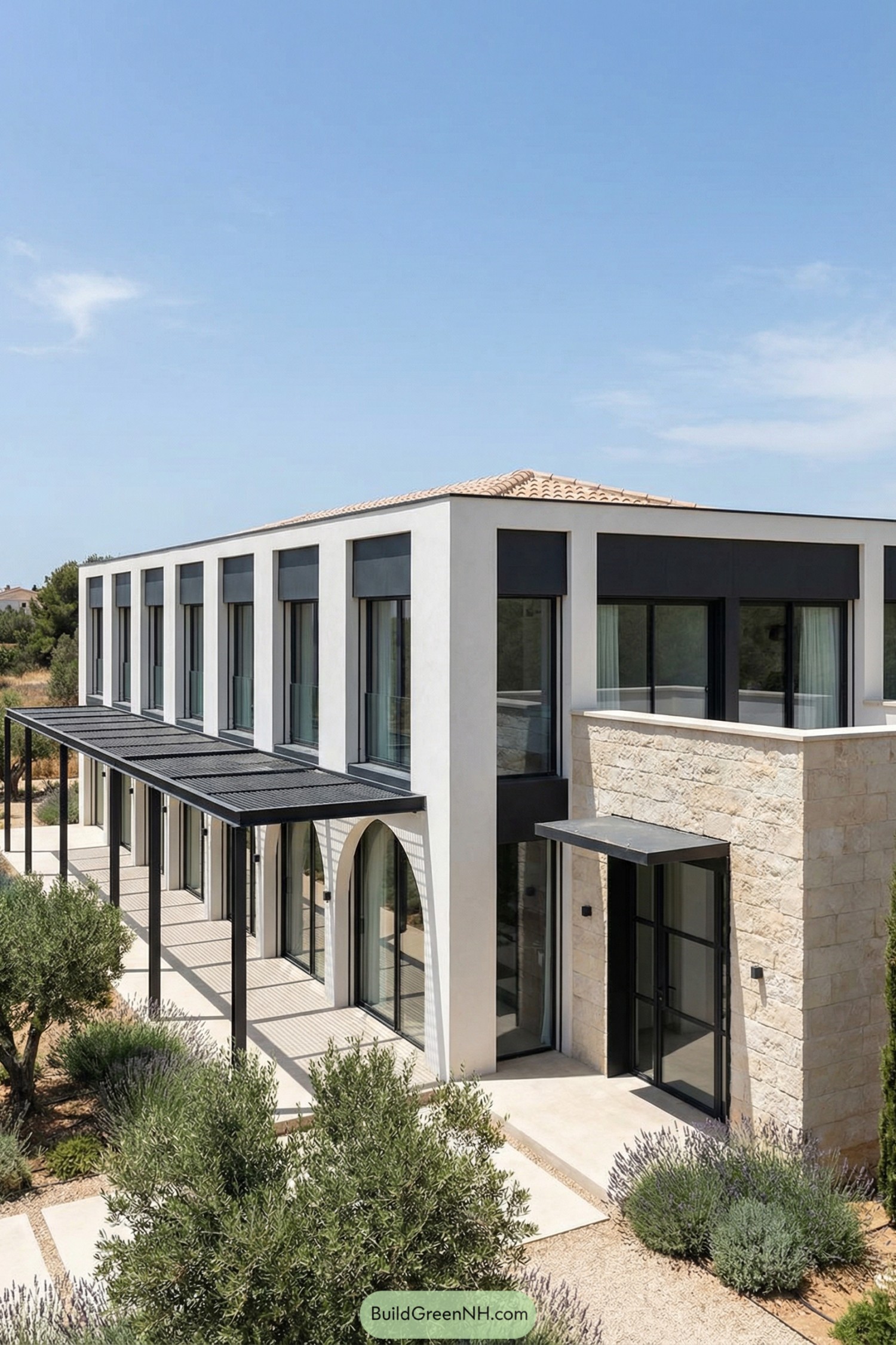 Two story modern Mediterranean house with tall black framed windows, arched ground floor openings, and a slim pergola facing a landscaped garden