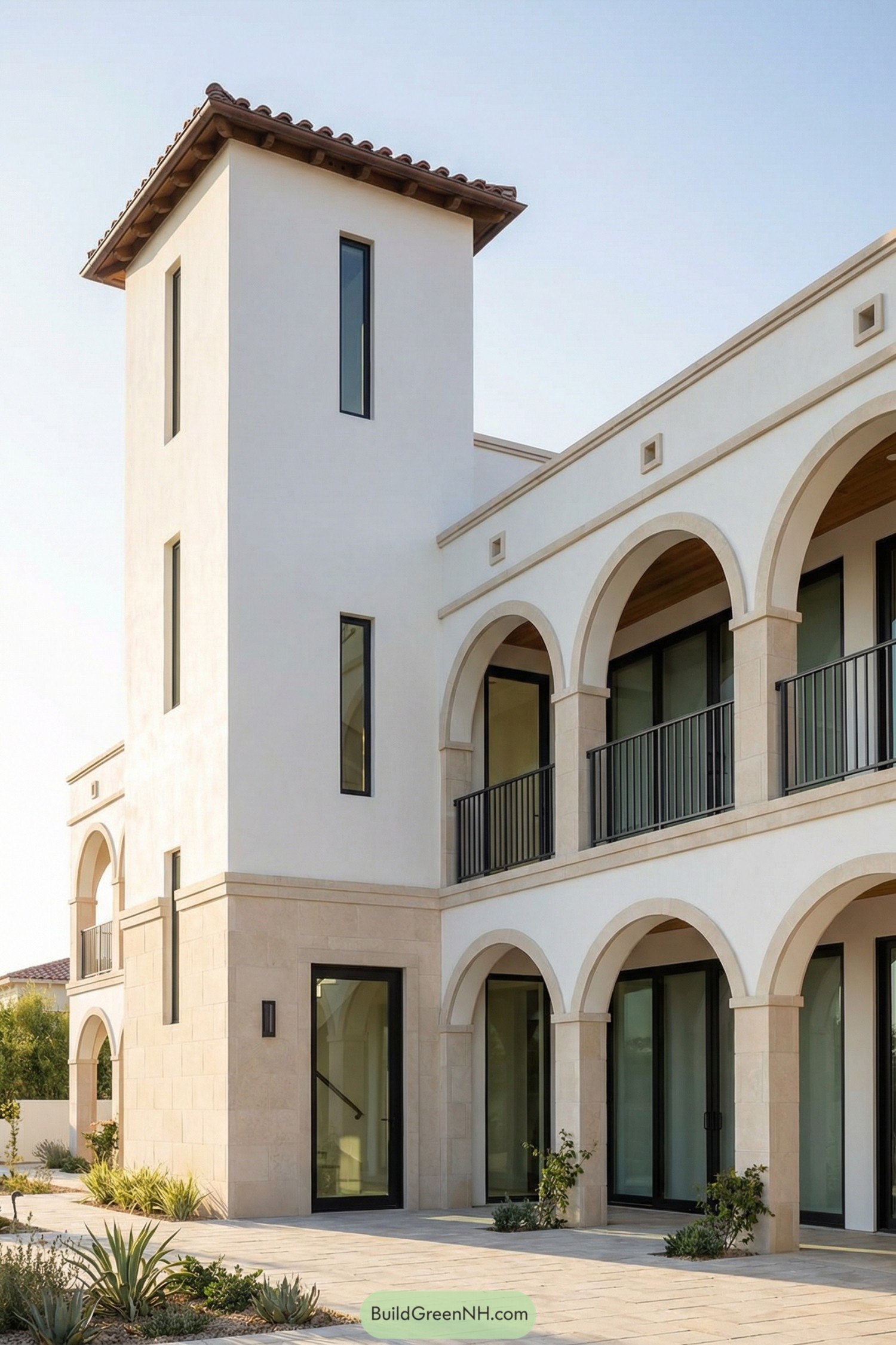 Tall white stucco Mediterranean home with slender tower, arched colonnade, and black framed windows around a paved courtyard