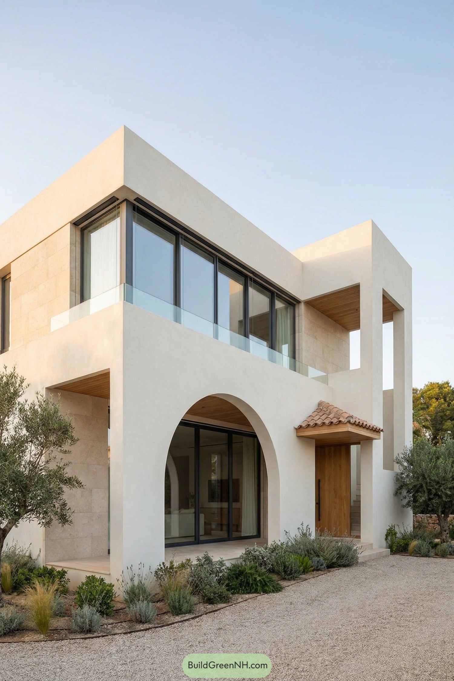 Modern two story Mediterranean style home with large arch, flat rooflines, glass walls, and drought tolerant landscaping in front