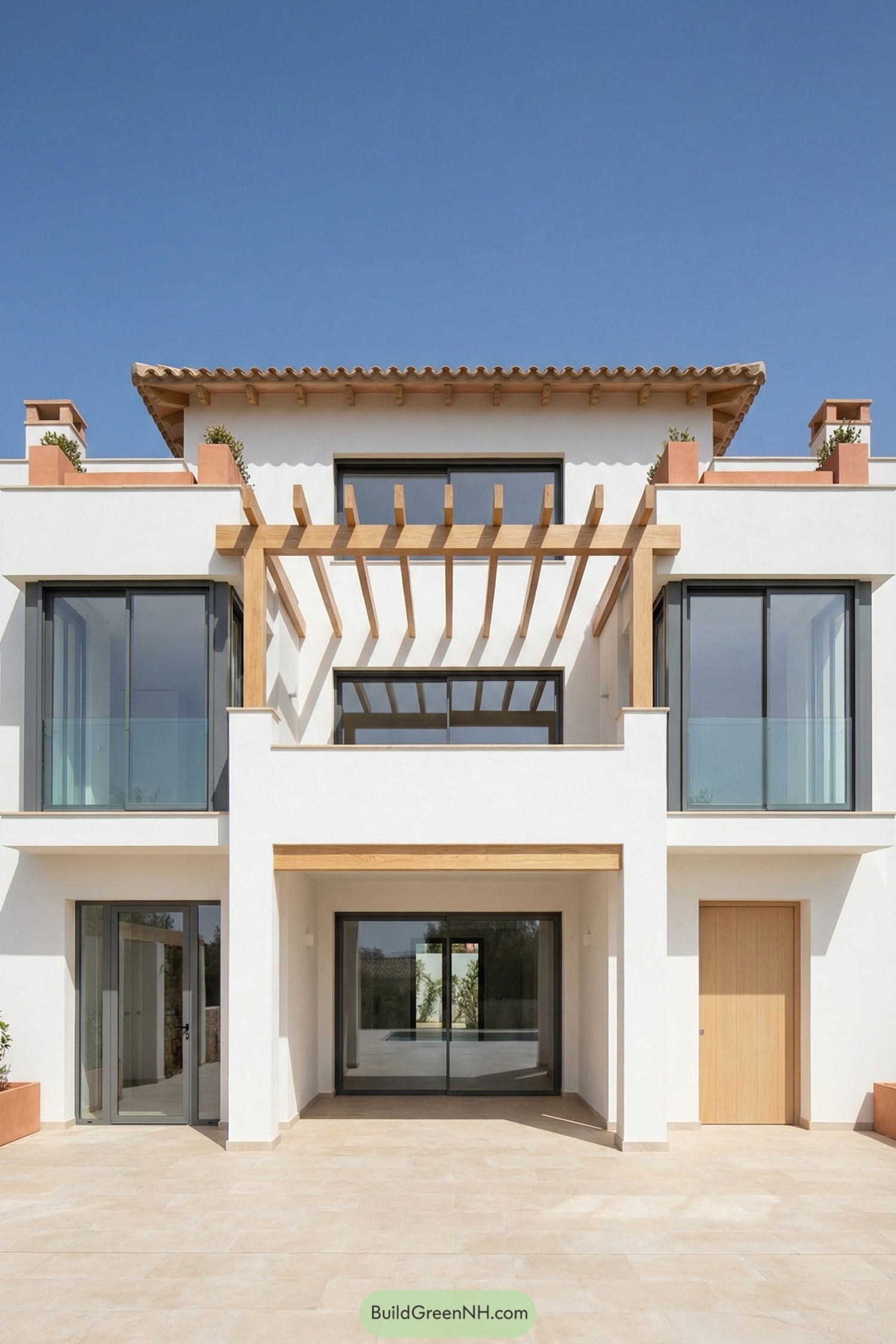 Modern white Mediterranean house with wood pergola and large glass doors