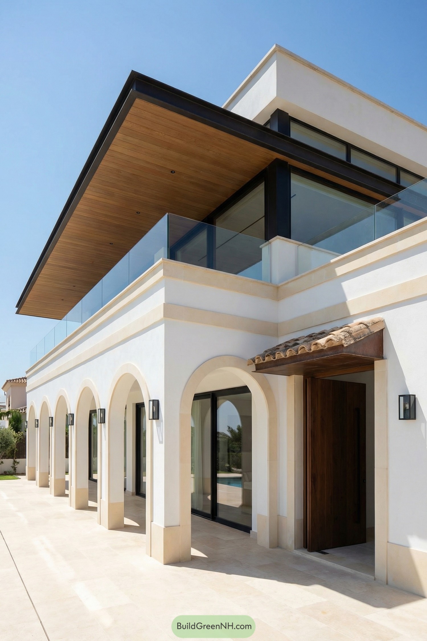 Modern white villa with arched colonnade, wood lined floating roof, and glass balcony railing under clear blue sky