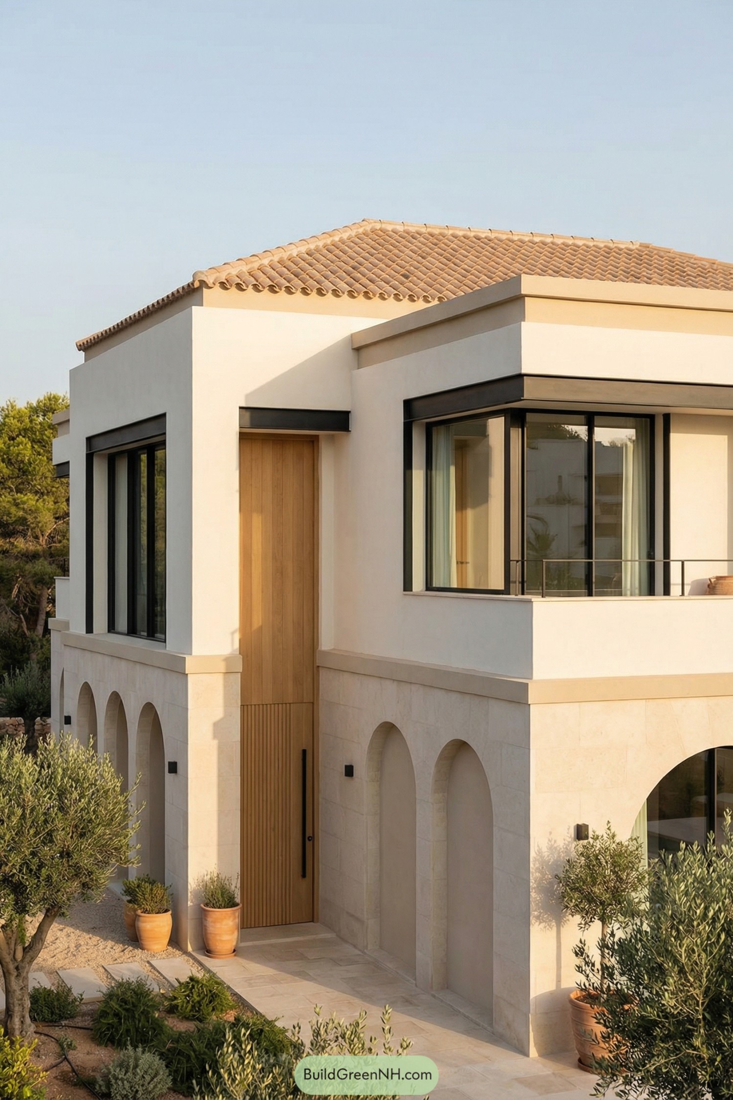 Modern cream stone villa with arched base and large corner windows