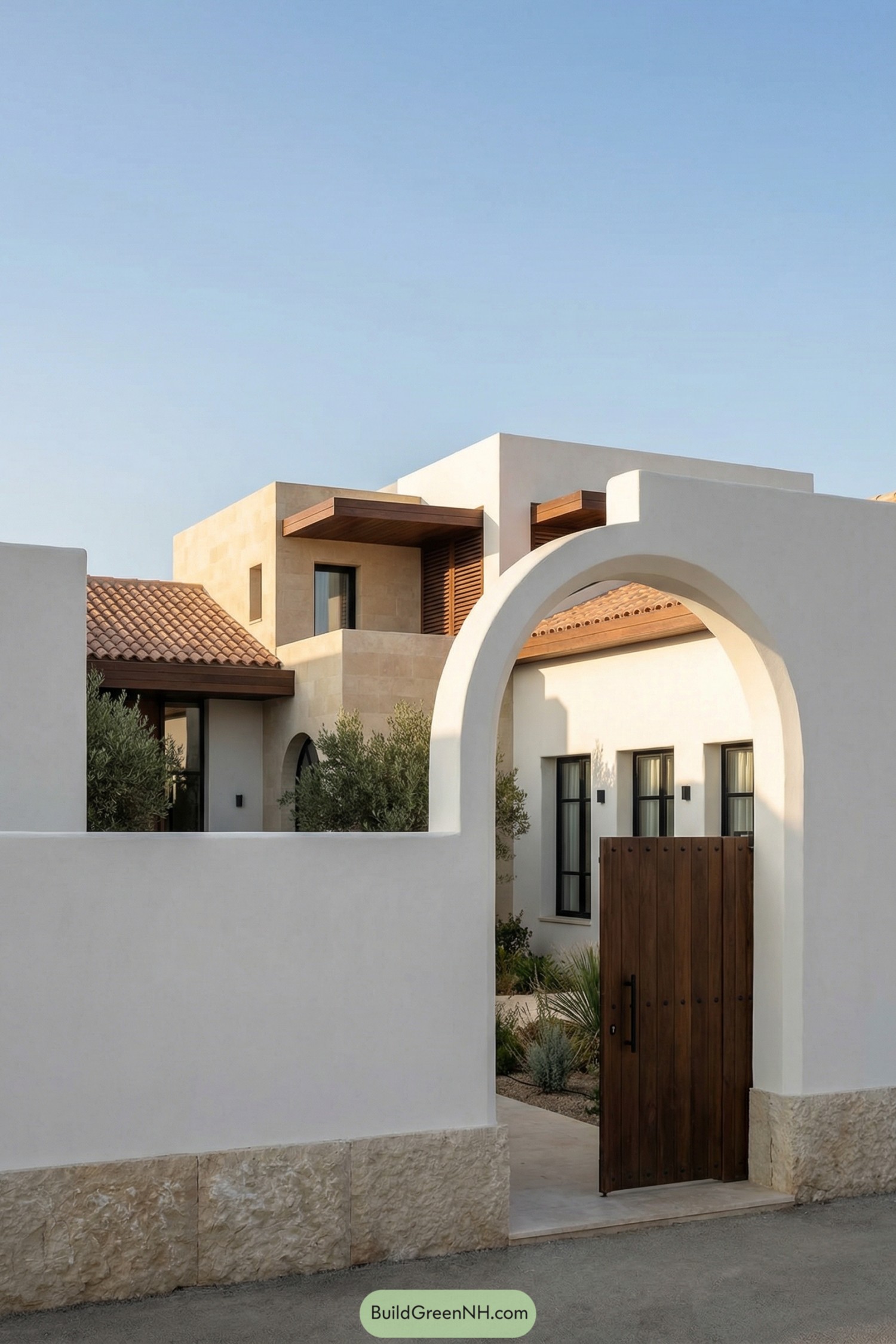 Modern Mediterranean home with white stucco walls, warm stone accents, and a tall arched entry framing a wooden gate